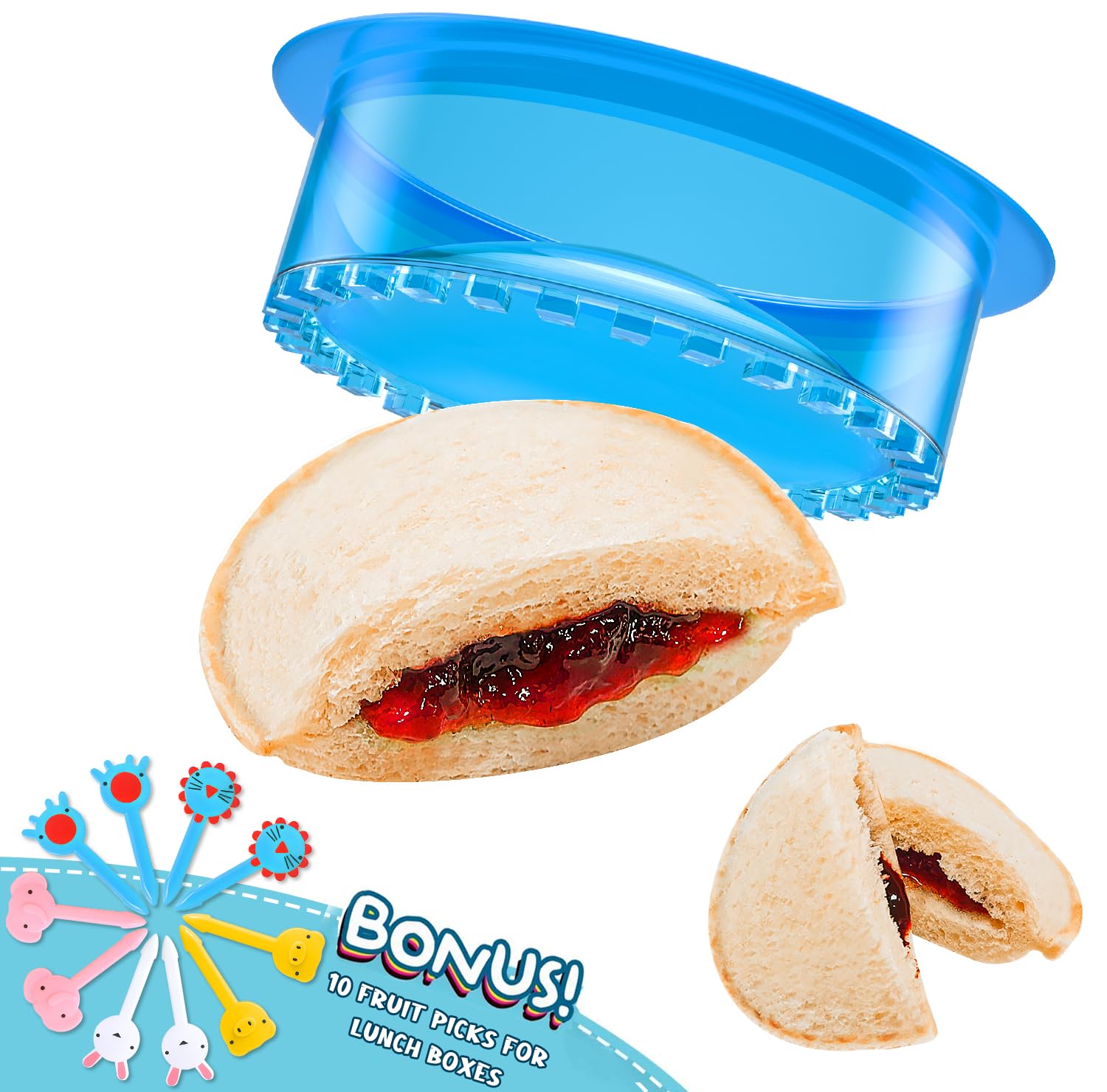 HiYZ 5-Piece Sandwich Cutter and Sealer Set - Crustless Sandwich Maker for Peanut Butter, Jelly, Bread, Pancakes & Cookies - Includes Round Blue Cutter and Fruit Picks - Perfect for School Lunches, Picnics and Kids Snacks
