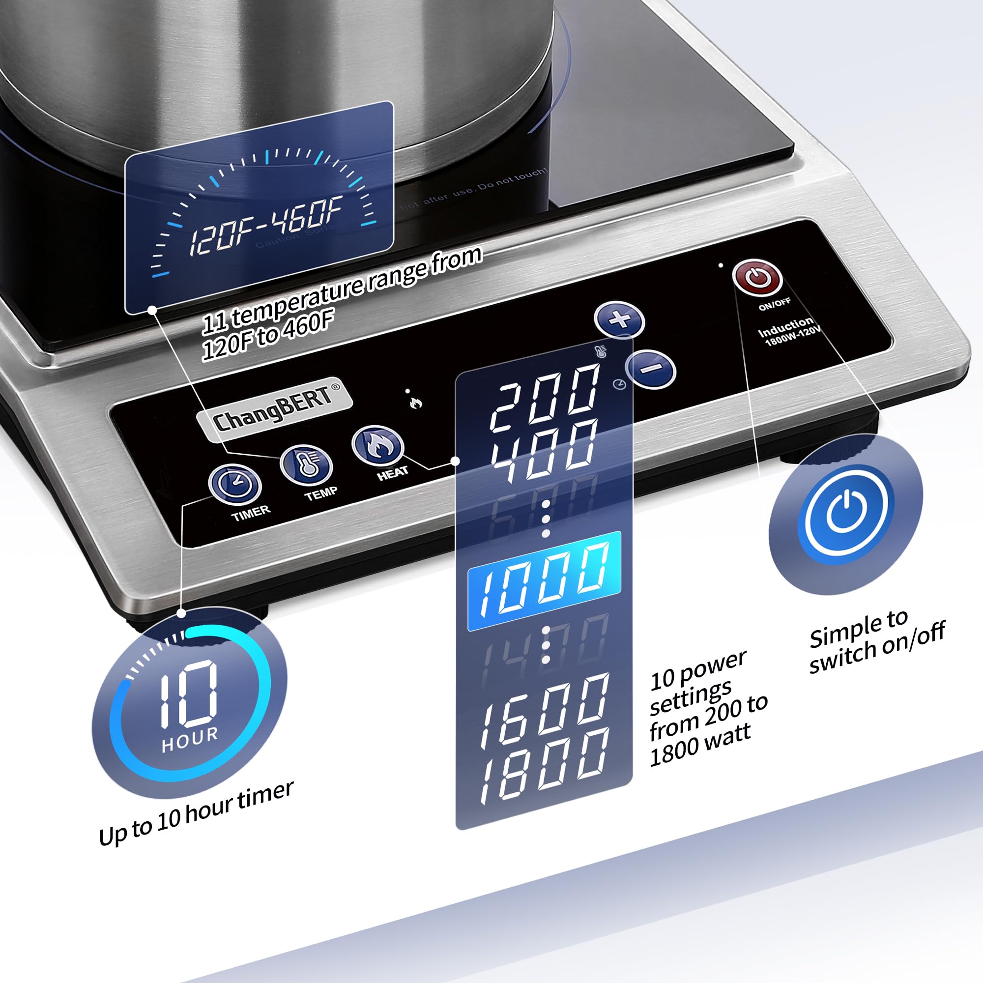 Commercial Grade Induction Cooktop - 1800W Portable Hot Plate with 8” Heating Coil, NSF Certified 18/10 Stainless Steel Countertop Burner & 10-Hour Timer - Perfect for Home Kitchen, Restaurant, Camping & Outdoor Cooking