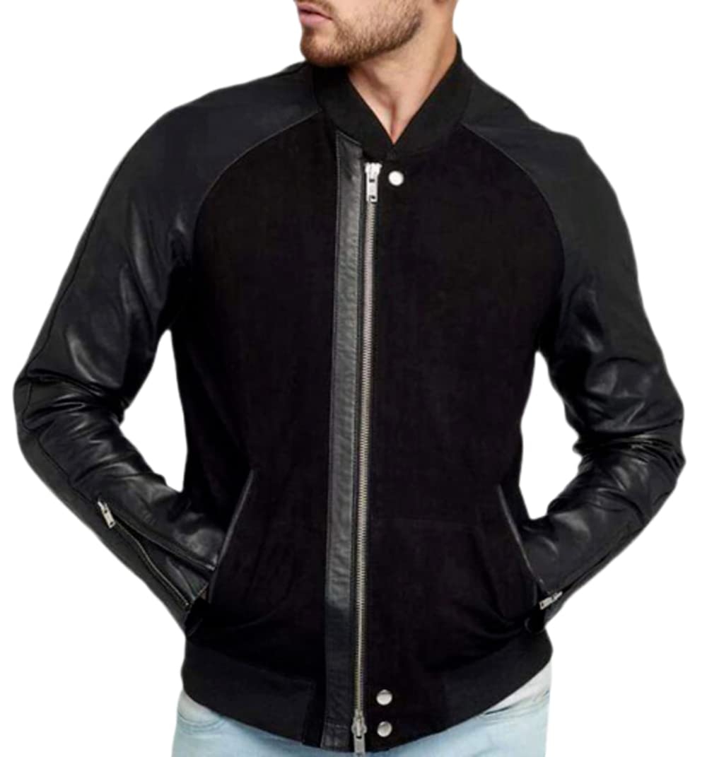 Premium Black Sheep Leather & Goat Suede Biker Jacket for Men - Stylish Motorcycle Outerwear for Casual & Night Out