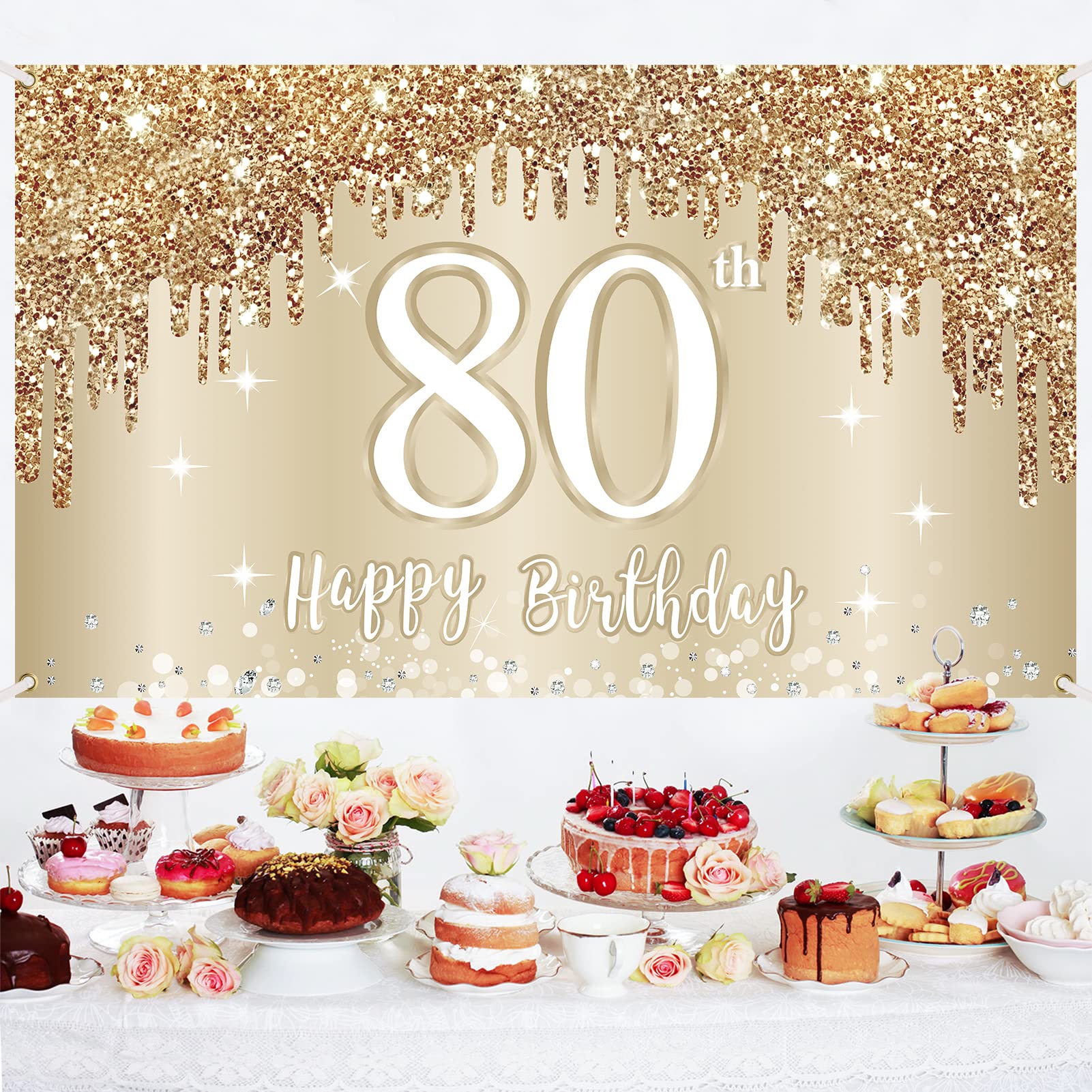 Elegant Gold & White 80th Birthday Banner Backdrop - 72.8x43.3 Inch Photo Booth Background for Women's Milestone Celebration - Perfect for Party Decorations, Signage & Memorable Photo Ops