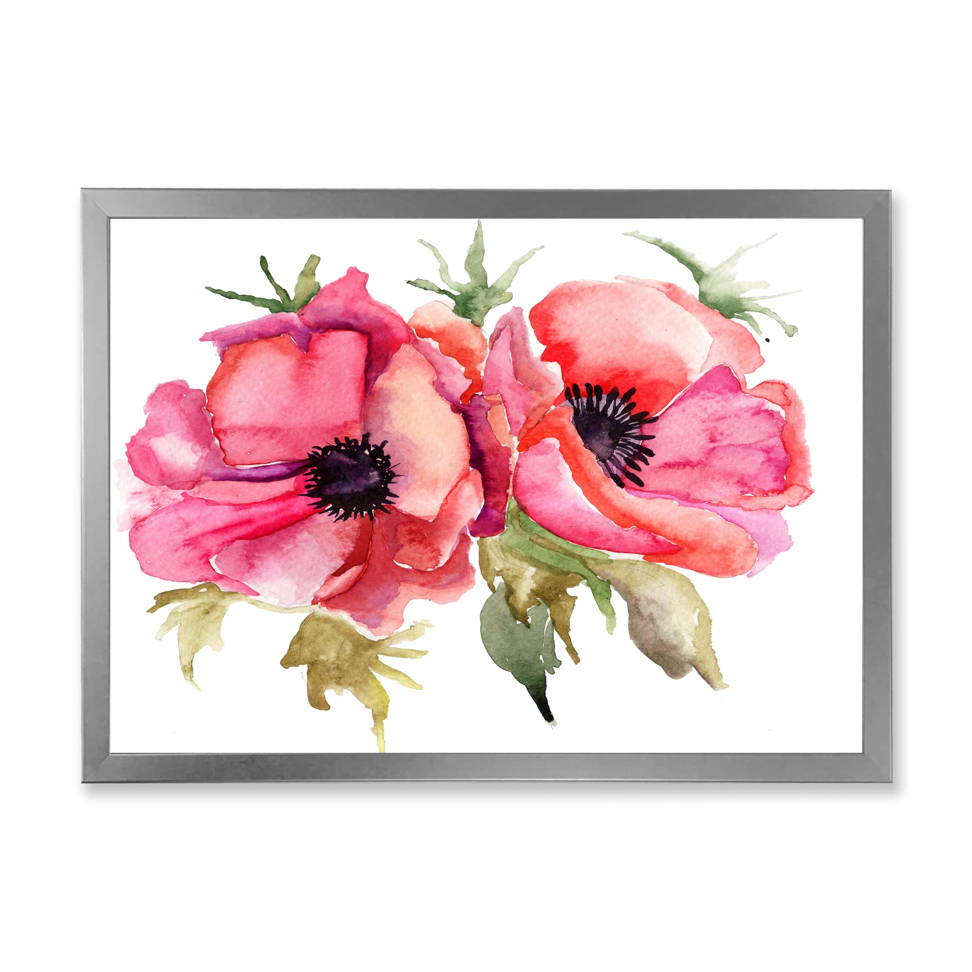 DesignQ Stylized Poppy Flowers Traditional Framed Wall Art - Vintage Floral Home Decor for Living Room, Bedroom & Office