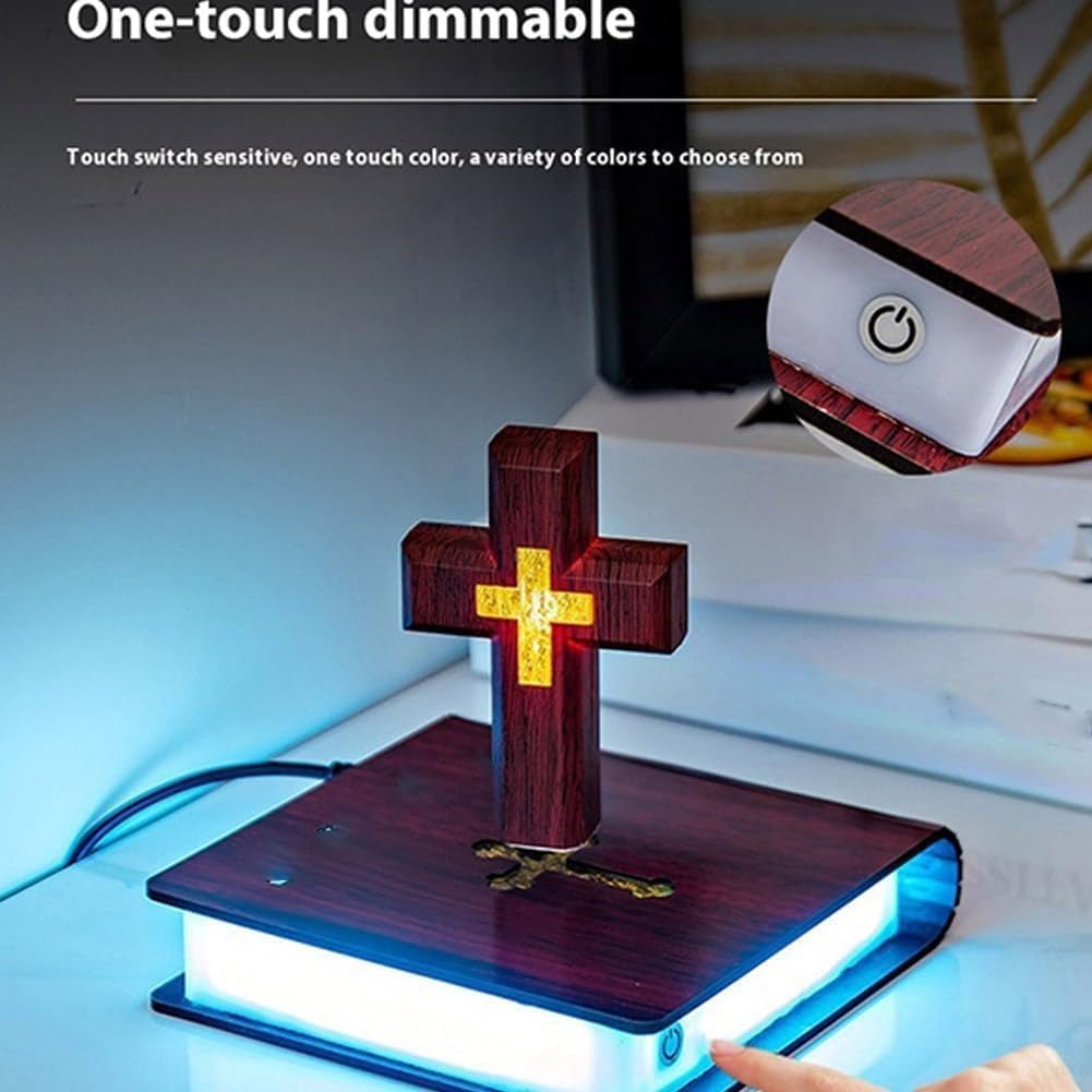 Handmade Levitating Cross Lamp - Floating Cross Light for Bible Study, Night Light, Home & Office Decor - Redwood Cross with Book Base - Perfect for Bedroom, Prayer Room, or Gift Idea