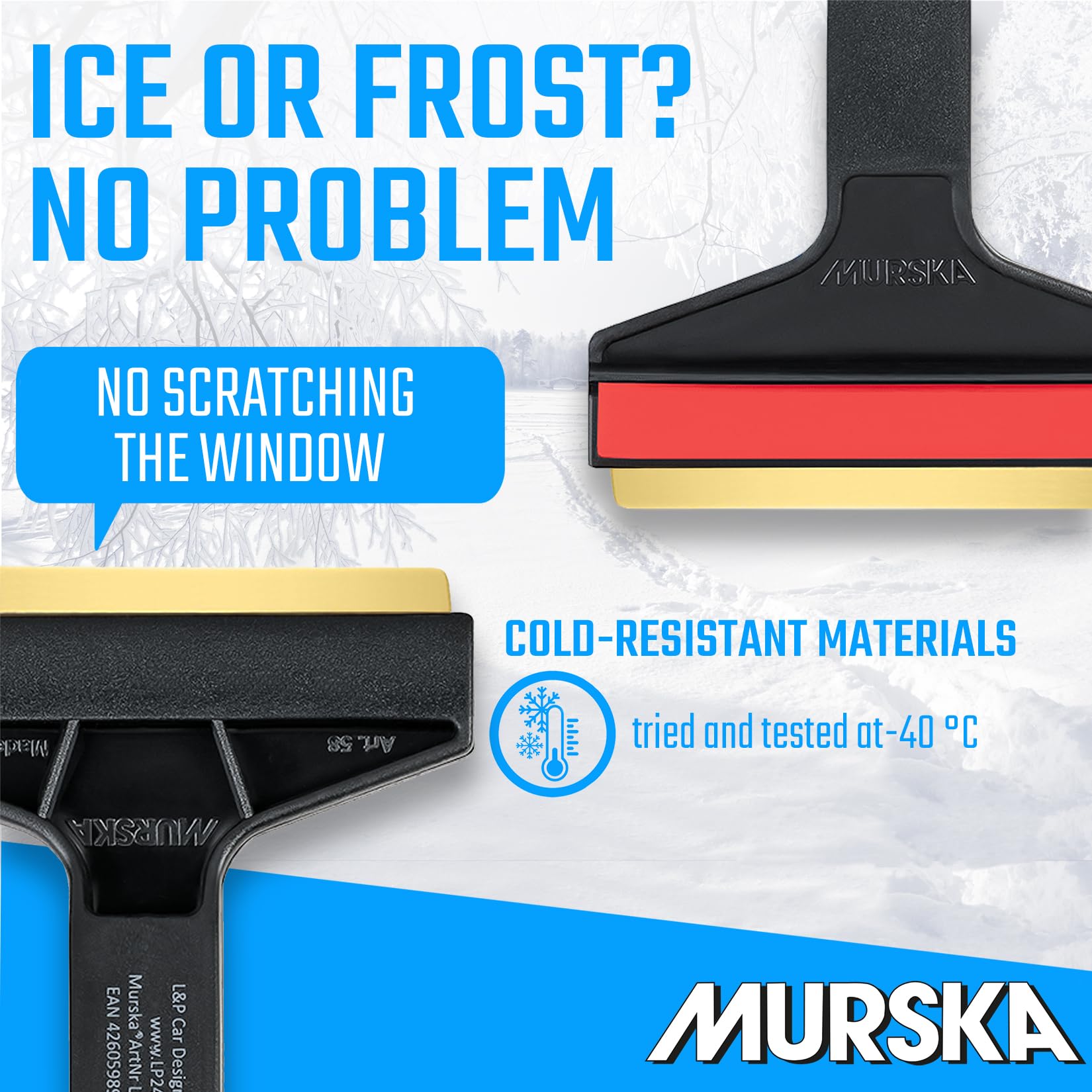Premium 14.5 Inch Car Ice Scraper with Brass Blade & Long Handle - Heavy Duty Snow Scraper for Windshield - Original Murska European Design (Black & Red) - Perfect for Winter Car Care & Frozen Windshield Removal