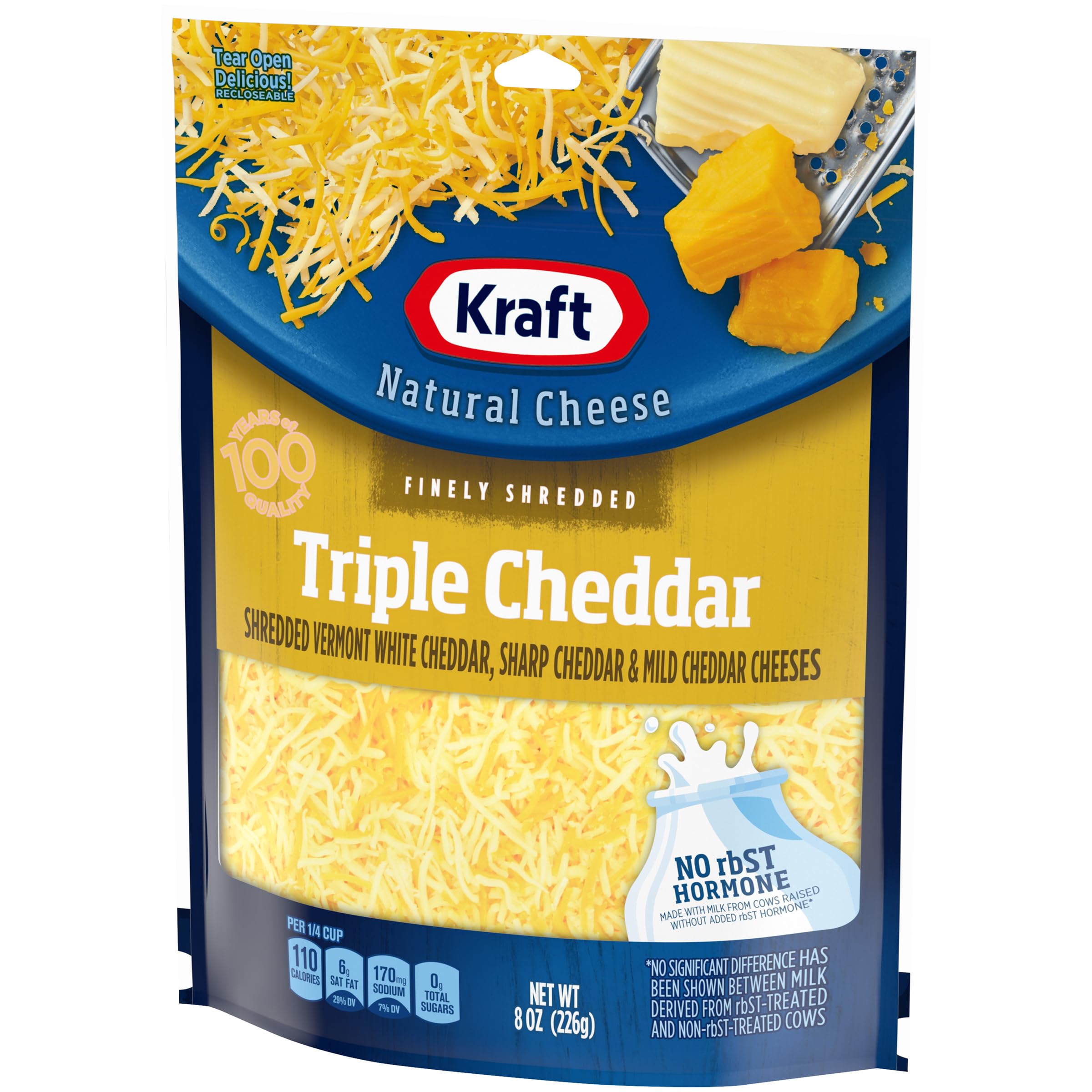 Triple Cheddar Shredded Cheese - Kraft Natural Finely Shredded (8 oz Pouch) - Perfect for Tacos, Pasta & Sandwiches