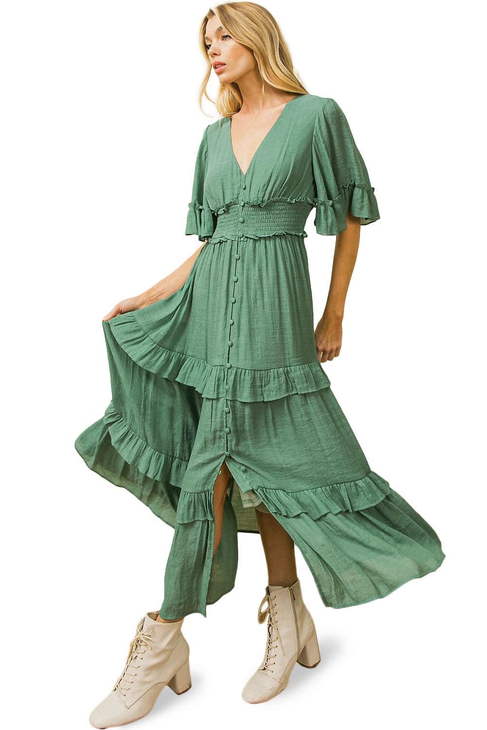 Women's Flowy A-Line Maxi Dress - Jade Green Long Summer Dress for Women, Large Size - Perfect for Beach Vacations, Weddings & Casual Outings