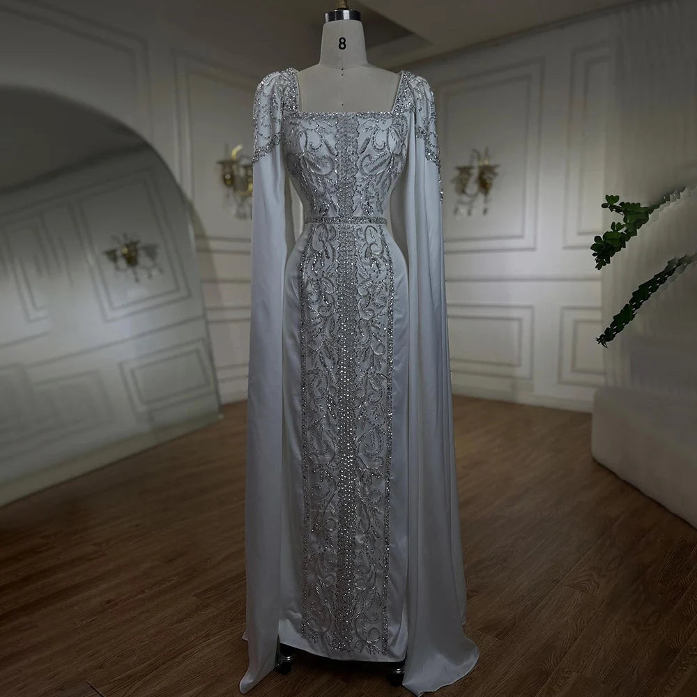 Elegant Blue Mermaid Evening Gown with Cape Sleeves for Muslim Women - LA72050 | Perfect for Weddings, Parties & Special Occasions