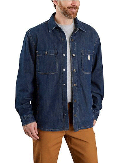 Carhartt Men's Denim Fleece-Lined Snap Front Shirt Jacket - Heavyweight Workwear for Cold Weather, Glacier Blue - Ideal for Construction, Farming & Outdoor Activities