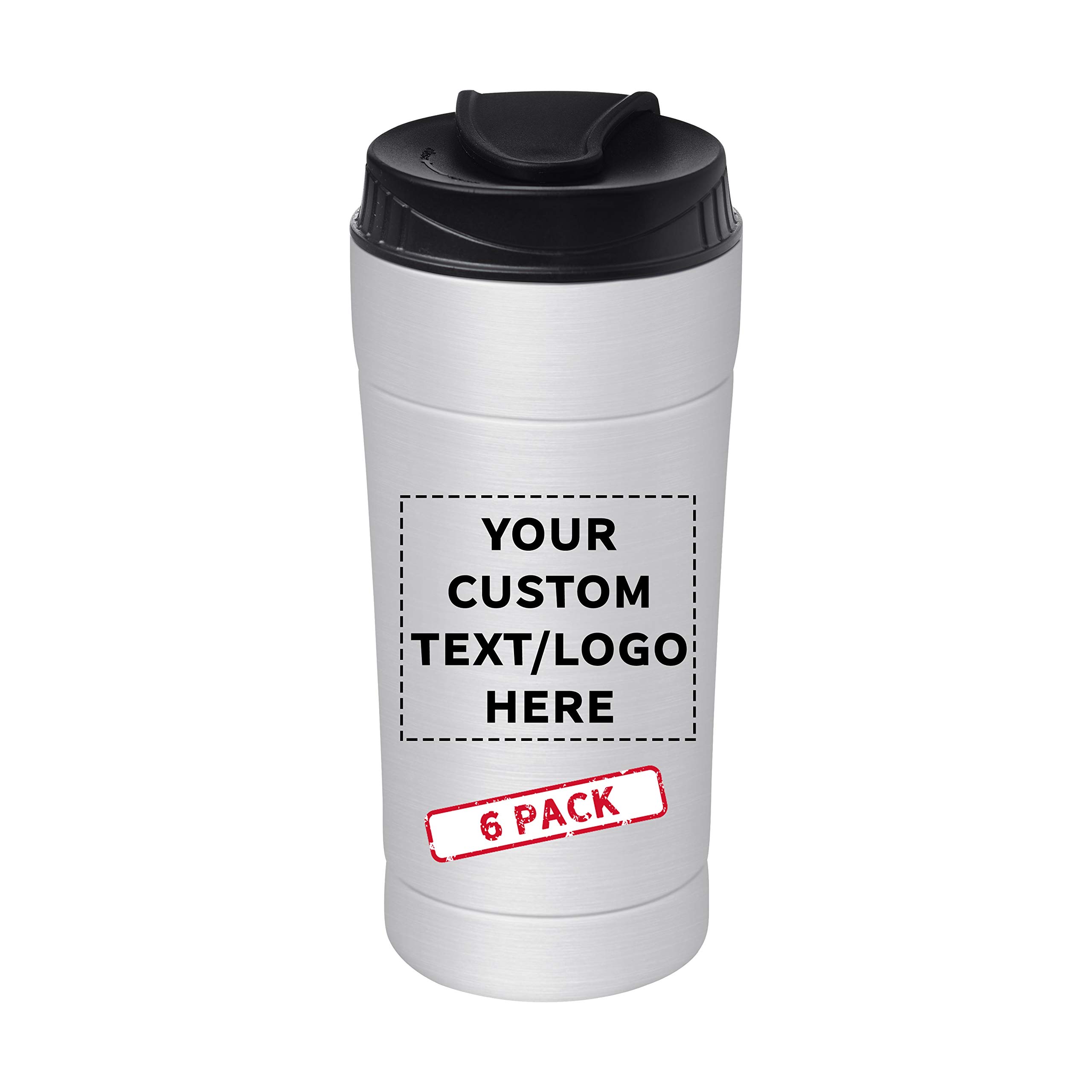Custom 16 oz Insulated Travel Coffee Tumblers - 6 Pack with Personalized Text & Logo - Stainless Steel Silver - Perfect for Office, Gym & Outdoor Adventures
