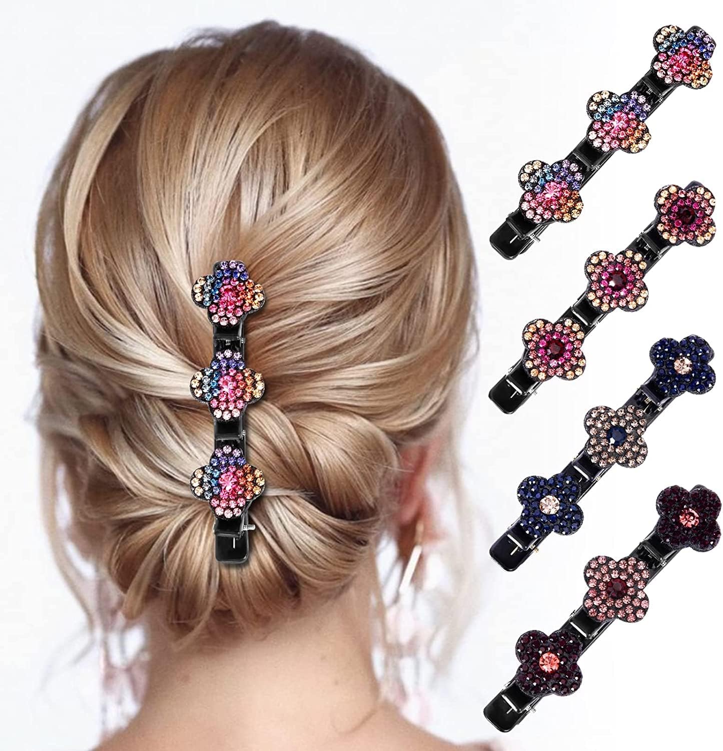 INHEAVEN 4-Pack Rhinestone Flower Hair Clips for Women - Double Layer Braided Hairpins with Crystal Hummingbird Design | Perfect for Weddings, Parties & Everyday Elegance
