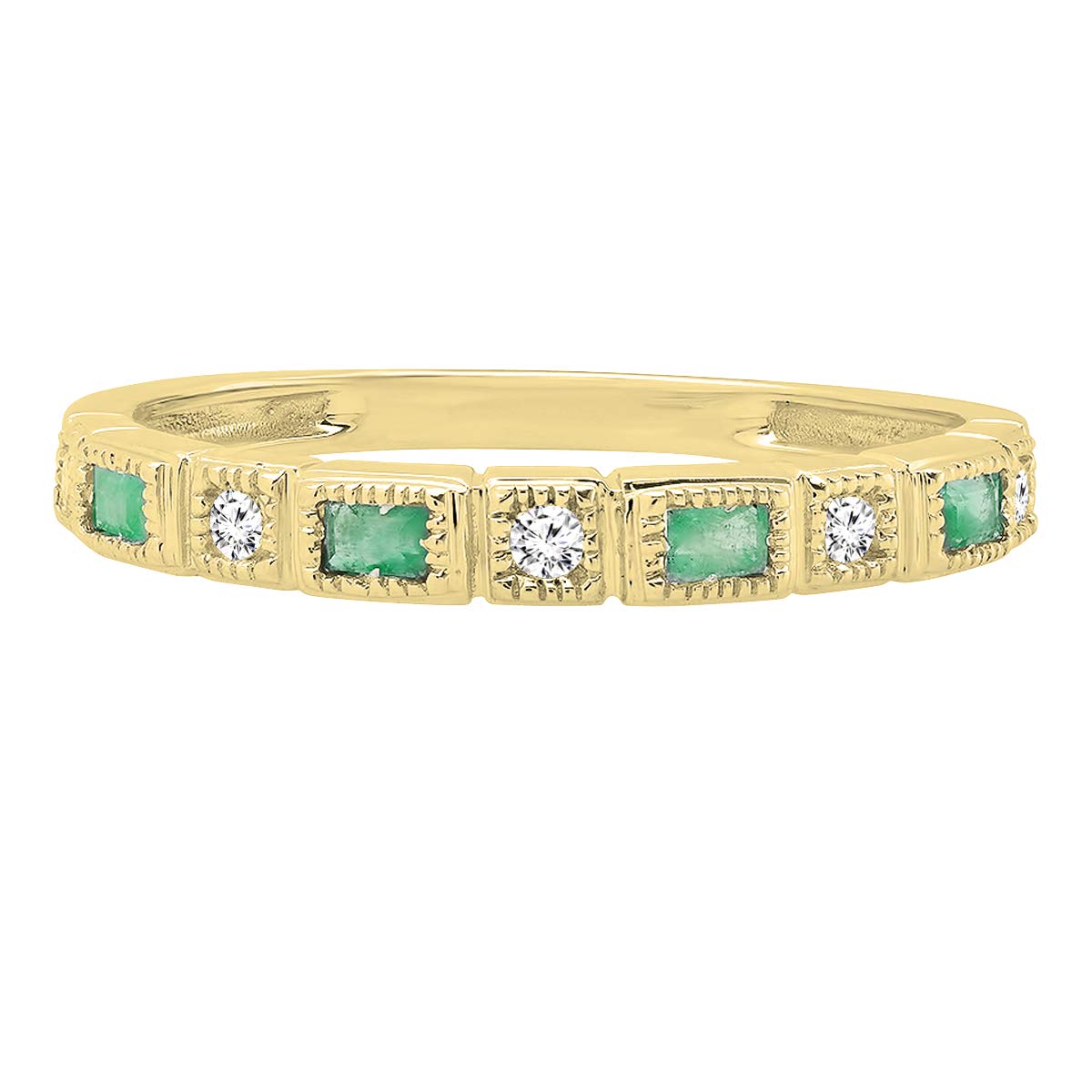 14K Solid Gold Baguette Emerald & Round White Diamond Women's Anniversary Wedding Band Ring - Perfect for Engagements, Anniversaries & Special Occasions