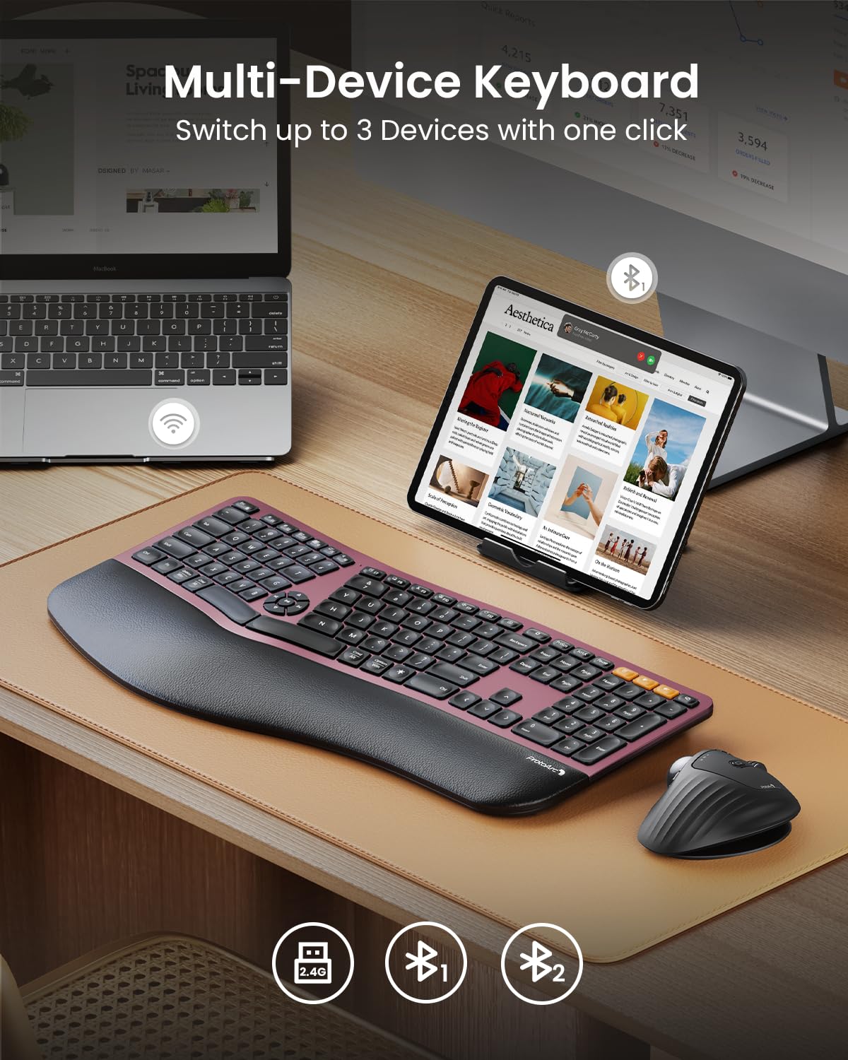 ProtoArc EK01 Plus Wireless Ergonomic Split Keyboard - Backlit Bluetooth Keyboard with Dual Connectivity (Bluetooth/USB), Rechargeable Battery, Cushioned Wrist Rest - Compatible with Windows & Mac (Wine Red) - Perfect for Office Work, Gaming & Long Typing Sessions