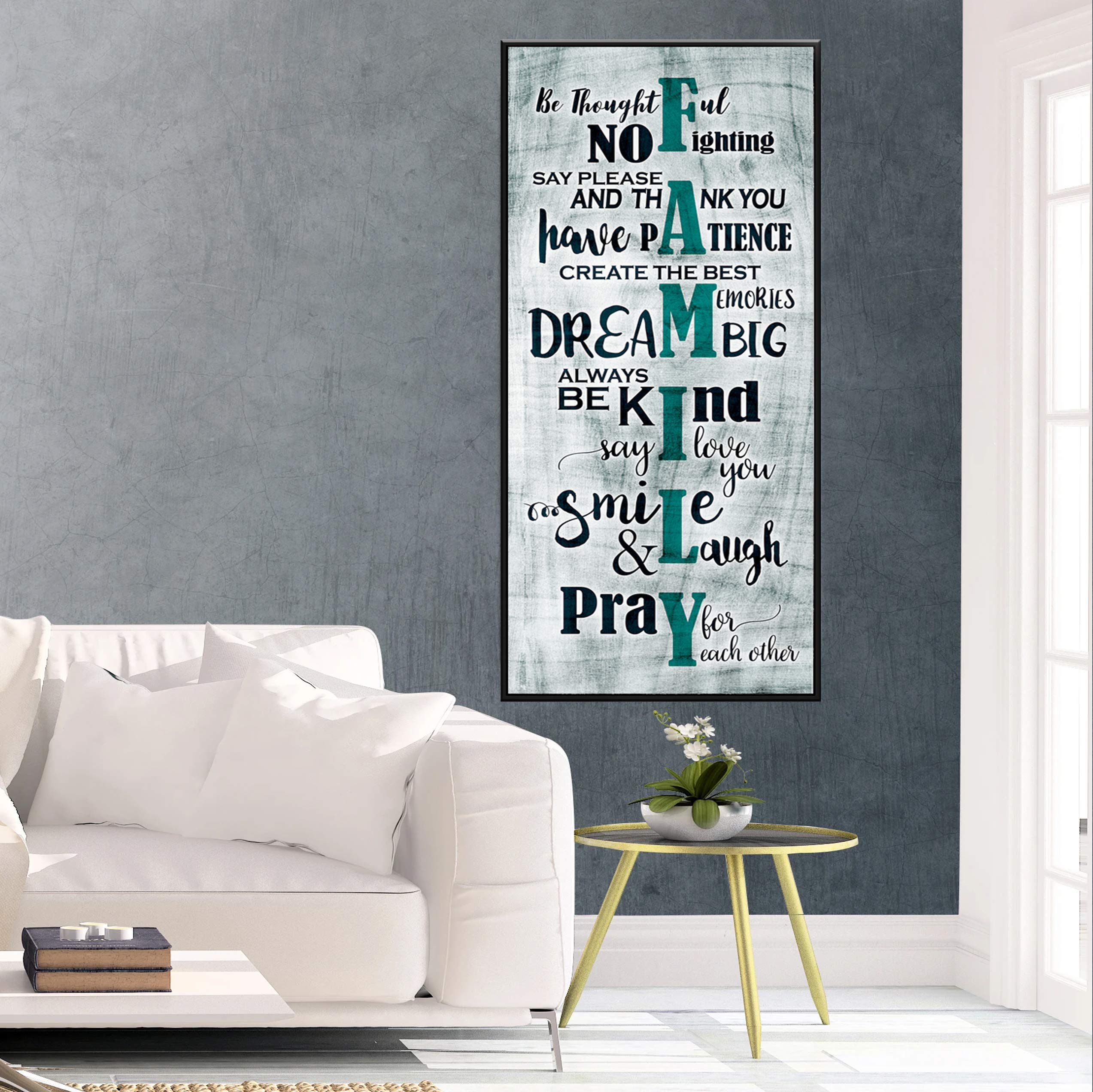 Farmhouse Decor - Large Canvas Wall Art for Living Room & Family Room (19x42 Teal Black Frame)