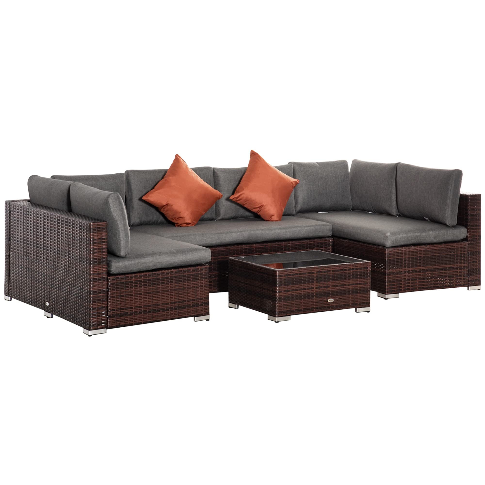 Outsunny 4-Piece Brown PE Rattan Patio Furniture Set with Cushions & Tempered Glass Coffee Table - Outdoor Wicker Sectional Sofa Conversation Set for Backyard, Garden, Poolside or Patio Relaxation
