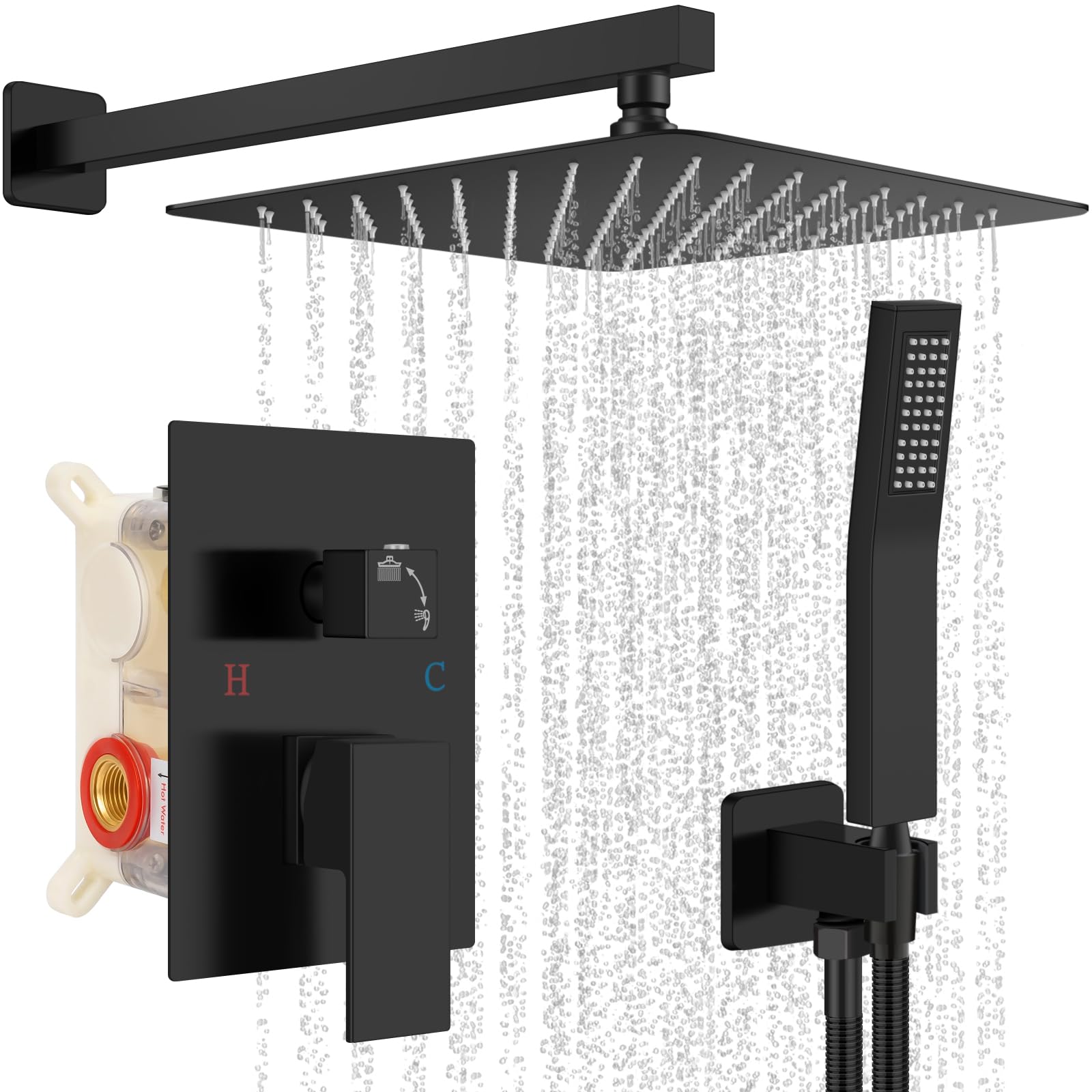 Premium Matte Black Shower Faucet Set - 12 Inch Rainfall Shower System with Adjustable Shower Head, Wall Mounted Handle & Valve Trim Kit - Perfect for Modern Bathroom Renovation & Spa-Like Shower Experience