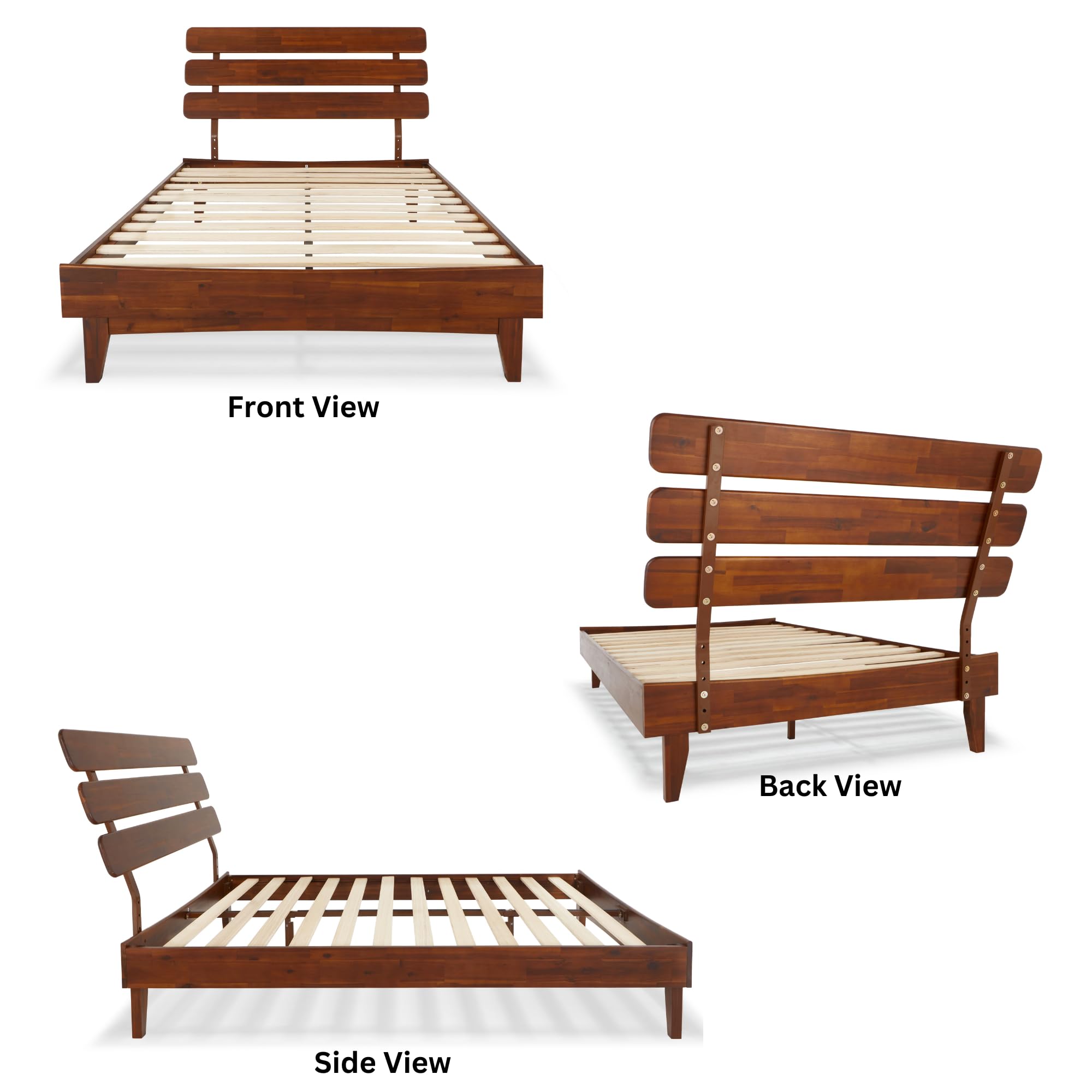 Bme Caden 15 Inch Deluxe Bed Frame with Adjustable Headboard - Mid Century Modern Retro Style Acacia Wood Platform Bed - No Box Spring Needed - 12 Strong Wood Slat Support - Easy Assembly - Dark Chocolate Finish - Full Size Bed for Master Bedroom, Guest Room & Apartment