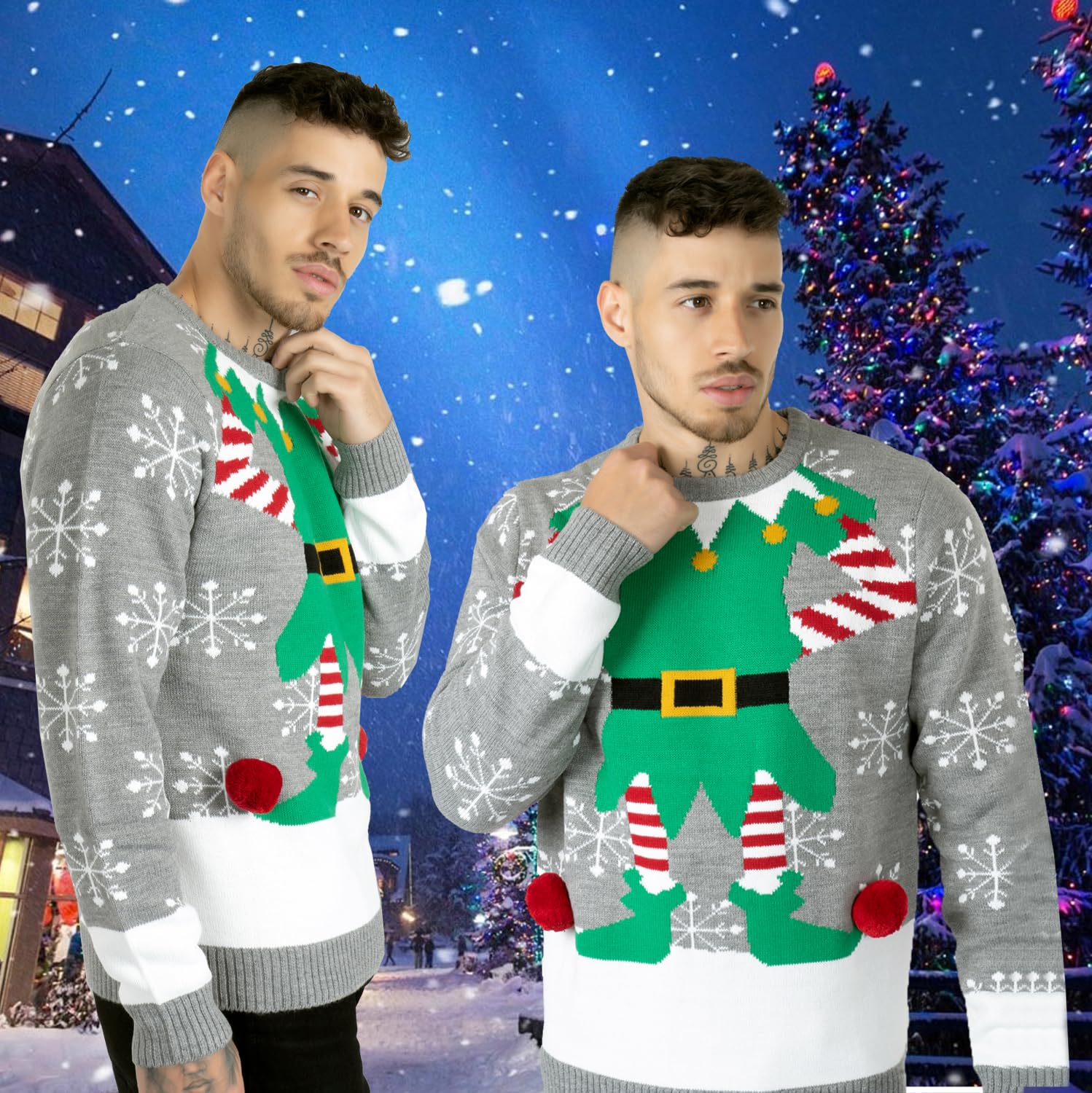 NOROZE Christmas Sweater for Men & Women - Elf Knit Jumper (Grey, XXL) - Holiday Party Wear