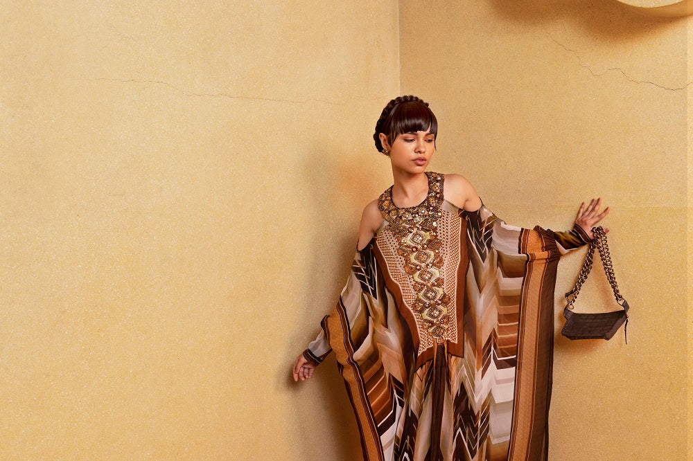 Sundown Coffee Kaftan with Hand Baroque Embroidery in Metallic Elements & Stone - Elegant Boho Beach Cover Up for Vacation, Pool Party, and Summer Outings