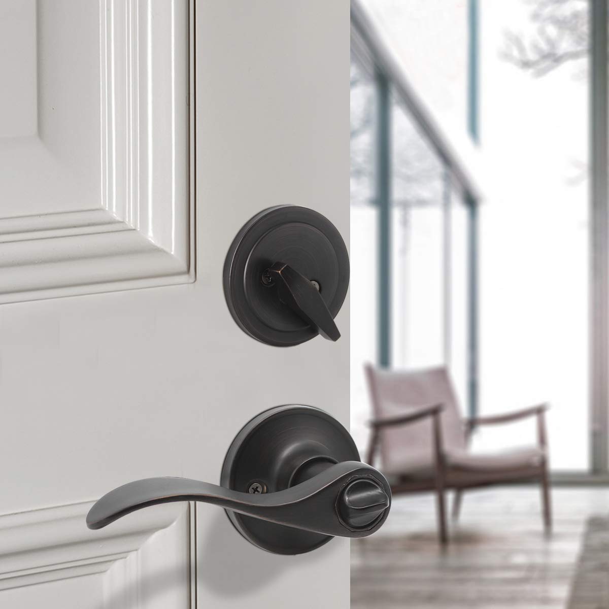 Gobrico 15-Piece Entry Door Lock Set - Single Cylinder Deadbolt & Exterior Front Door Lever Combo in Oil Rubbed Bronze (Keyed Alike) - Ideal for Home Security, Apartments, and Office Buildings