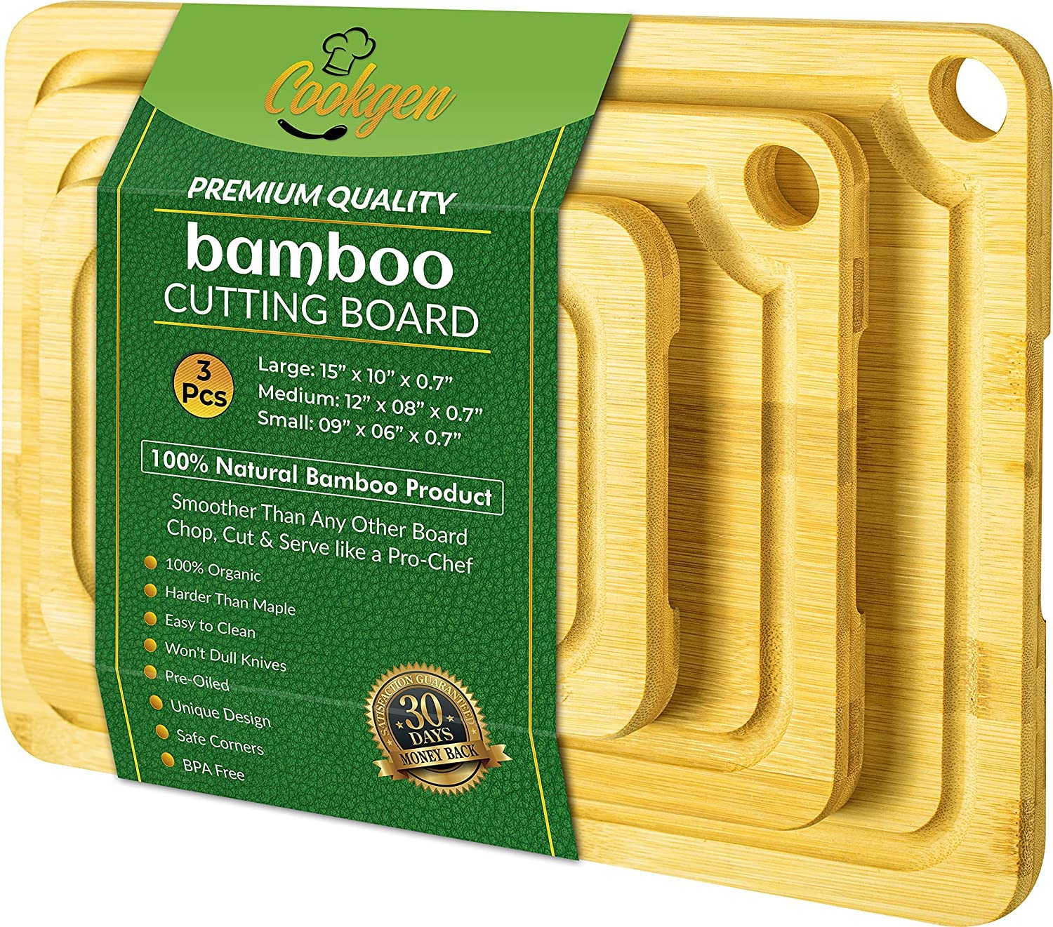 Premium Bamboo Cutting Board Set of 3 - Large, Medium & Small Organic Wooden Chopping Boards for Kitchen - Juice Groove & Handles - Perfect for Meat, Vegetables, Fruits & Meal Prep