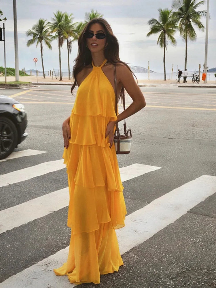 Elegant Ruffled Hem Long Dress for Women - Halter Backless Sleeveless Summer Maxi Dress | Perfect for Beach Vacations, Pool Parties & Evening Events