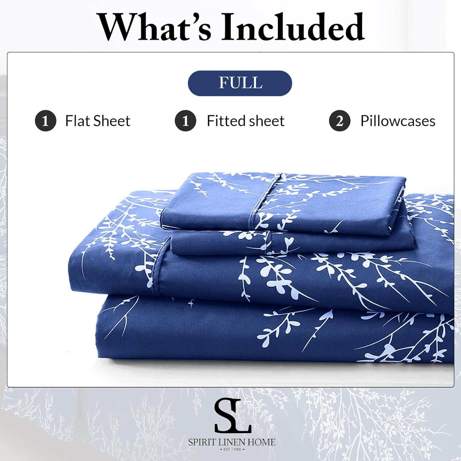 Premium 4-Piece Full Size Sheets Set - 100% Soft Microfiber Polyester Bedding - Breathable All-Season Bed Sheets (Foliage Navy/White) - Perfect for Guest Rooms, Dorms & Cozy Bedrooms