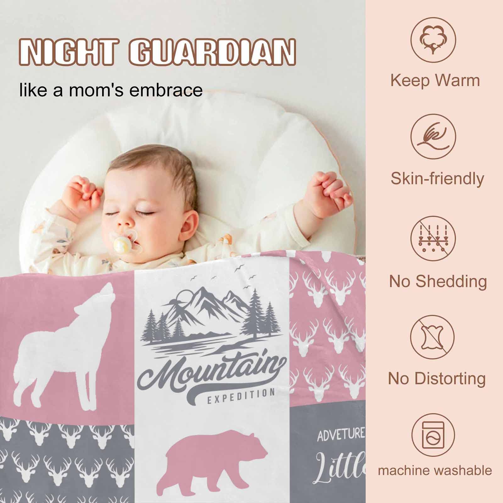 Personalized Baby Blanket with Name - Custom Pink Woodland Bear Deer Wolf Design - Super Soft Fleece Blanket for Newborns, Girls & Boys - Perfect Baby Shower Gift for Nursery, Stroller & Cuddling
