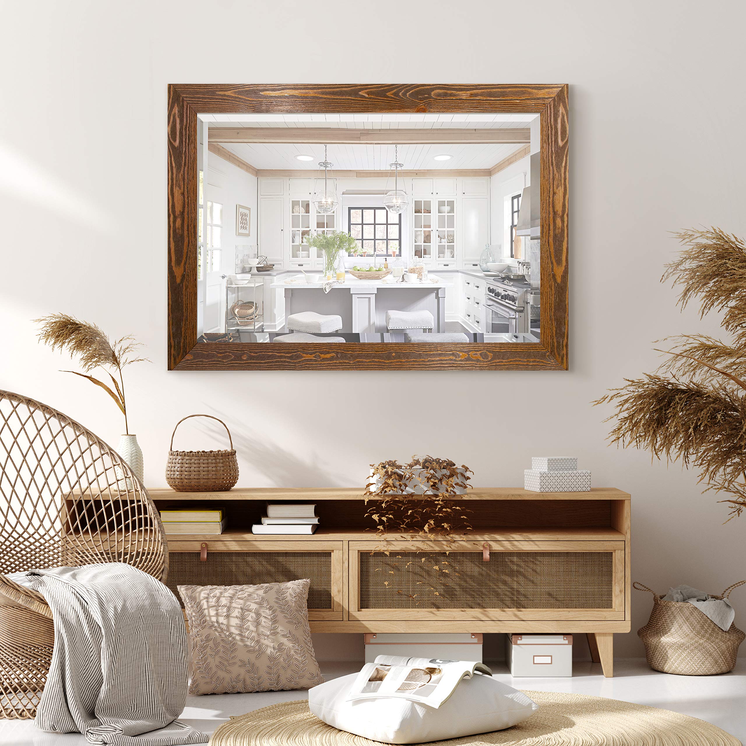 Rustic Maple Wood Rectangular Wall Mirror with Barnwood Frame - 41x29 Inches, Vertical or Horizontal Hanging for Living Room, Bedroom & Entryway Decor