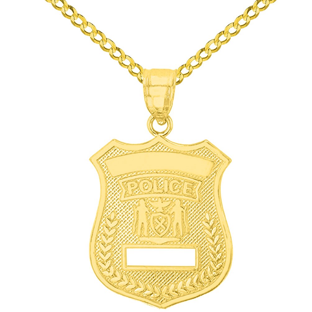 14K Solid Yellow Gold Police Officer Badge Charm Pendant with Cuban Chain Necklace - Perfect Gift for Law Enforcement Graduation, Promotion & Duty Appreciation