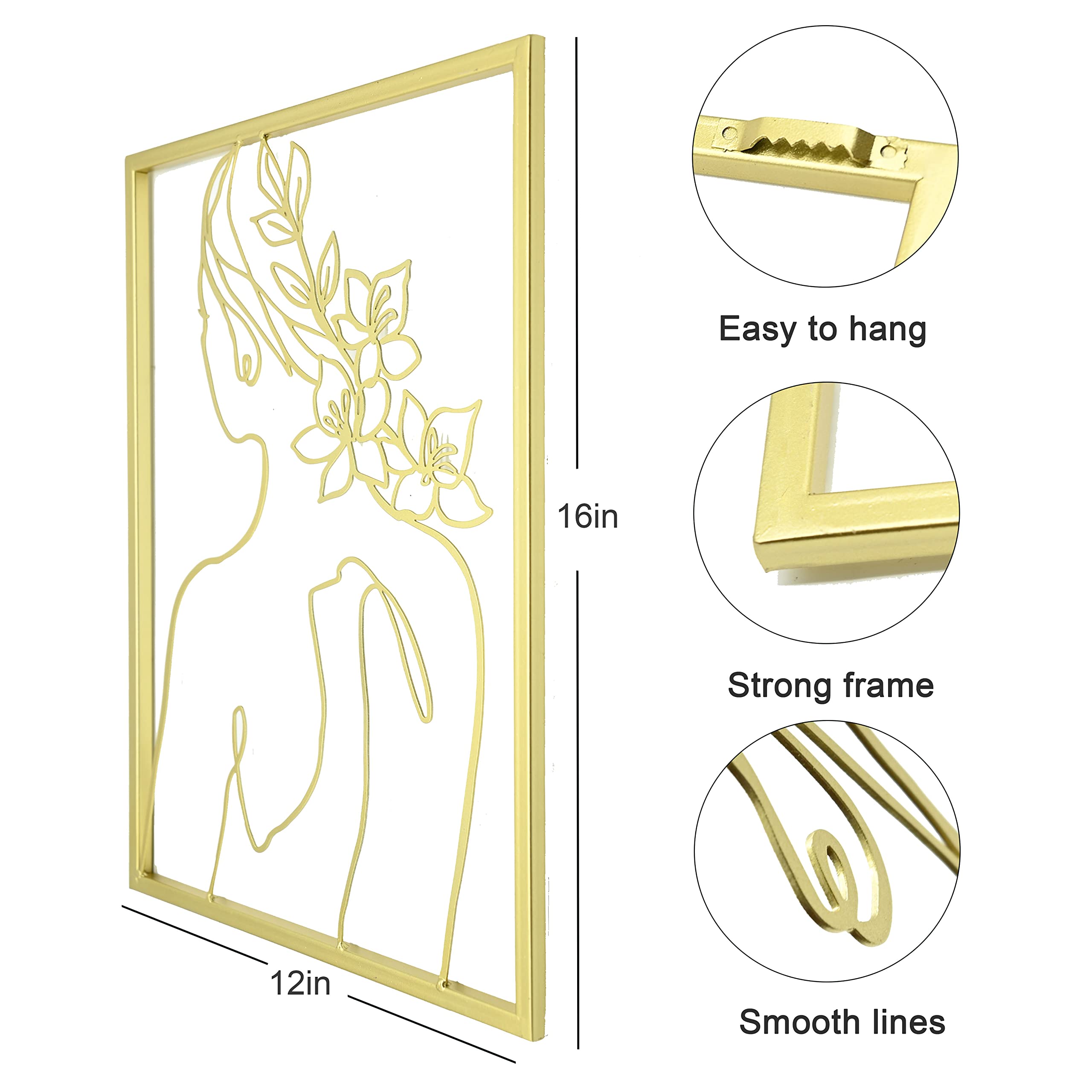 Remenna Minimalist Abstract Line Art Wall Decor - Set of 3 Modern Metal Wall Hangings for Living Room, Bedroom, Bathroom | Women's Body Face Silhouette Art in Gold | Home & Office Aesthetic Decor