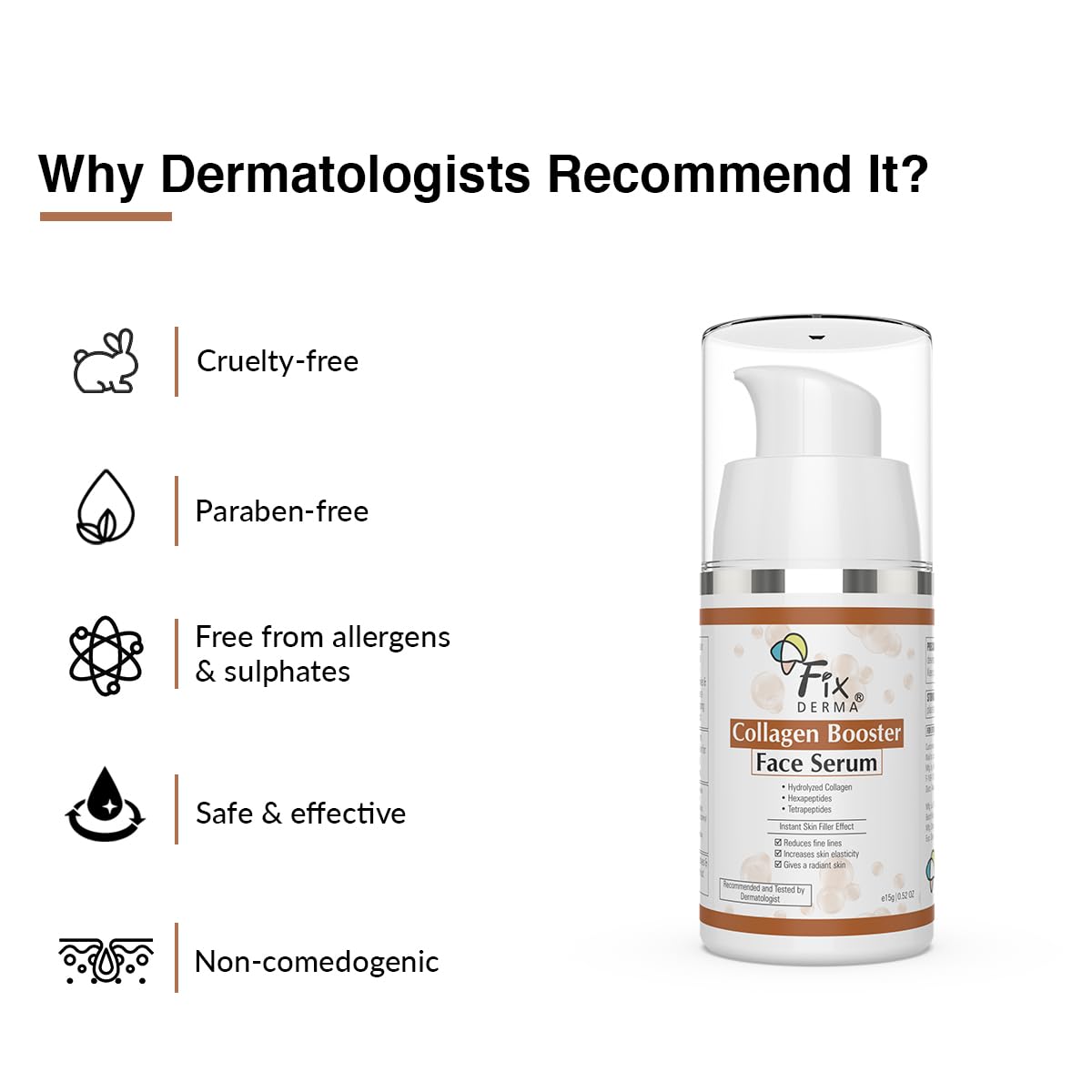 Fixderma Hydrolyzed Collagen Booster Face Serum - Anti-Aging Collagen Serum for Fine Lines & Wrinkles, Men & Women, All Skin Types (15g) | Hydrating & Firming Facial Treatment for Day & Night Skincare Routine