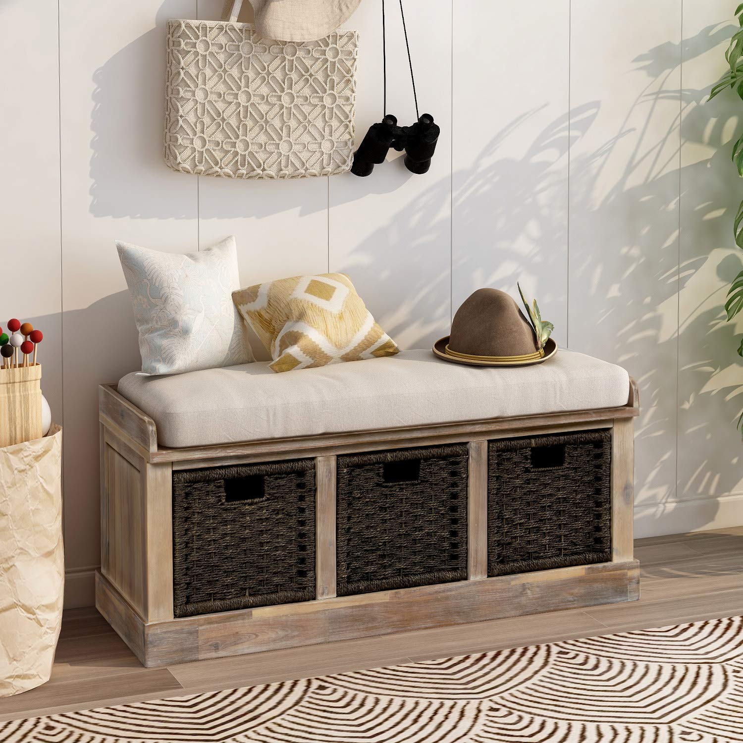 Rustic White Washed Storage Bench with 3 Basket Drawers & Cushioned Seat - Entryway Shoe Bench for Hallway, Mudroom, Living Room | Perfect for Organizing Shoes, Hats & Home Decor