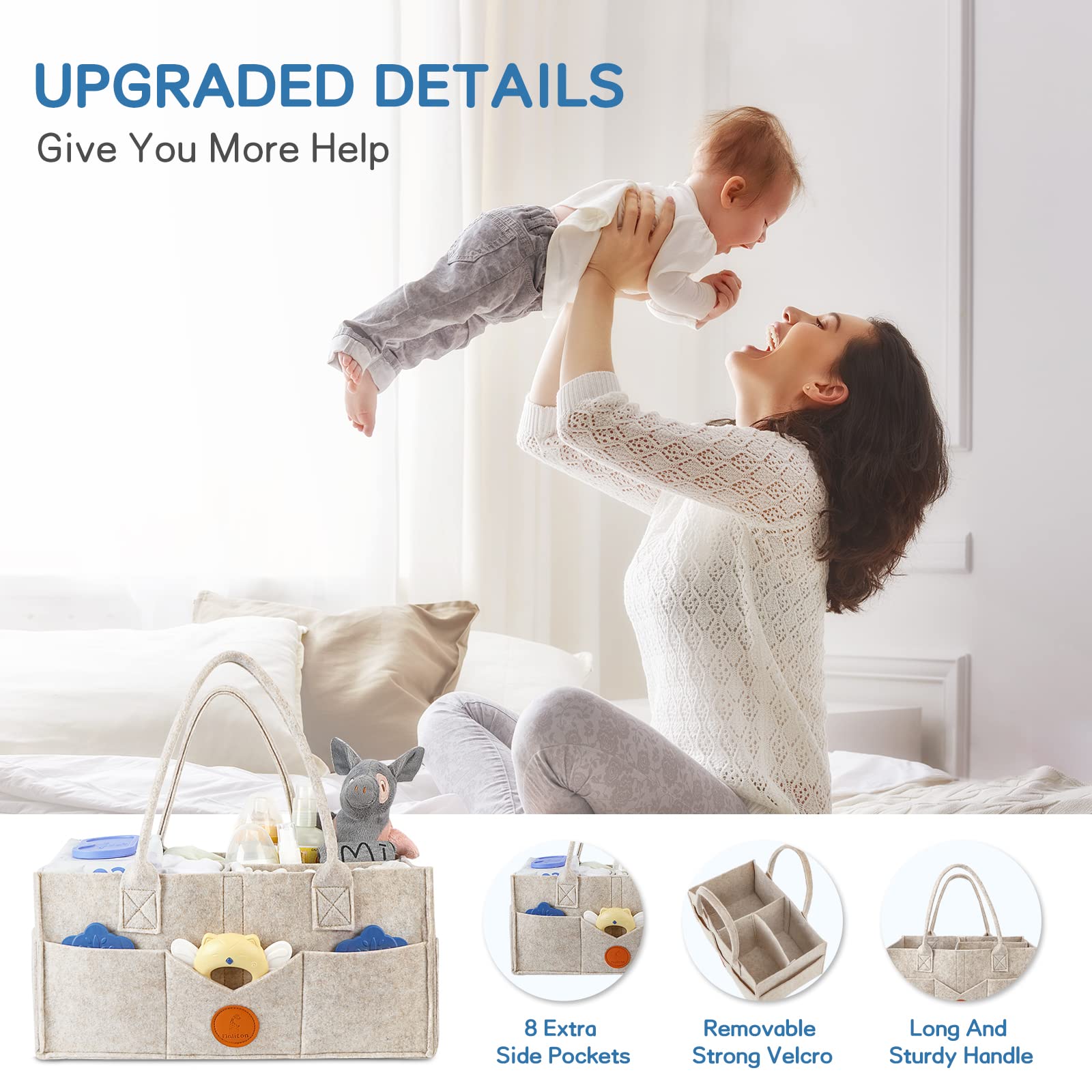 Maliton Baby Diaper Caddy Organizer - Portable Changing Table Storage Bin with Handle, Felt Nursery Organizer Basket for Diapers & Baby Essentials - Indoor & Outdoor Use (Khaki) - Perfect for Nursery, Bedroom, Travel & On-the-Go Parenting