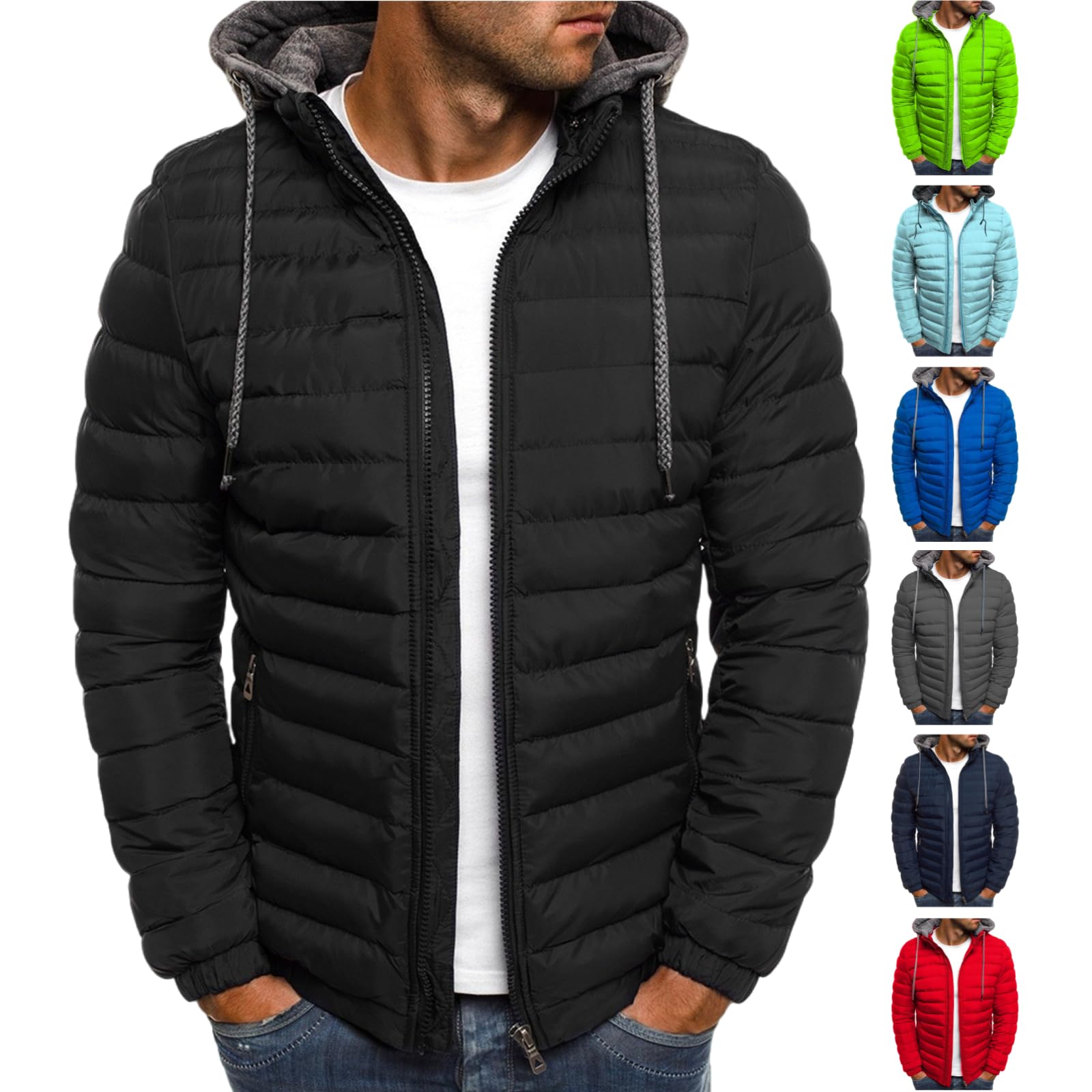 Men's Lightweight Puffer Jacket - Winter Thermal Hooded Coat with Zipper Pockets | Warm Zip-Up Outerwear for Casual Wear & Outdoor Activities