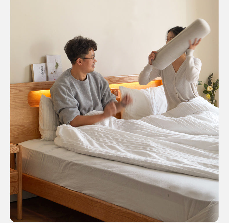 Solid Oak Wood Suspension Luminous Bed - Modern Floating Platform Bed with LED Lighting for Bedroom, Guest Room, or Dorm