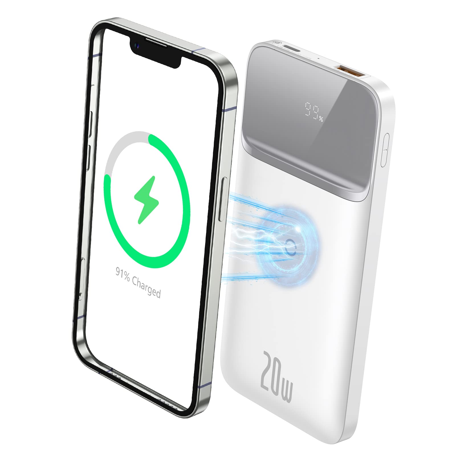 Baseus 10,000mAh Magnetic Wireless Power Bank with Magsafe - PD 20W Fast Charging Portable Battery Pack for iPhone 13/12 Series, Samsung Galaxy - Perfect for Travel, Work & Outdoor Activities (White)