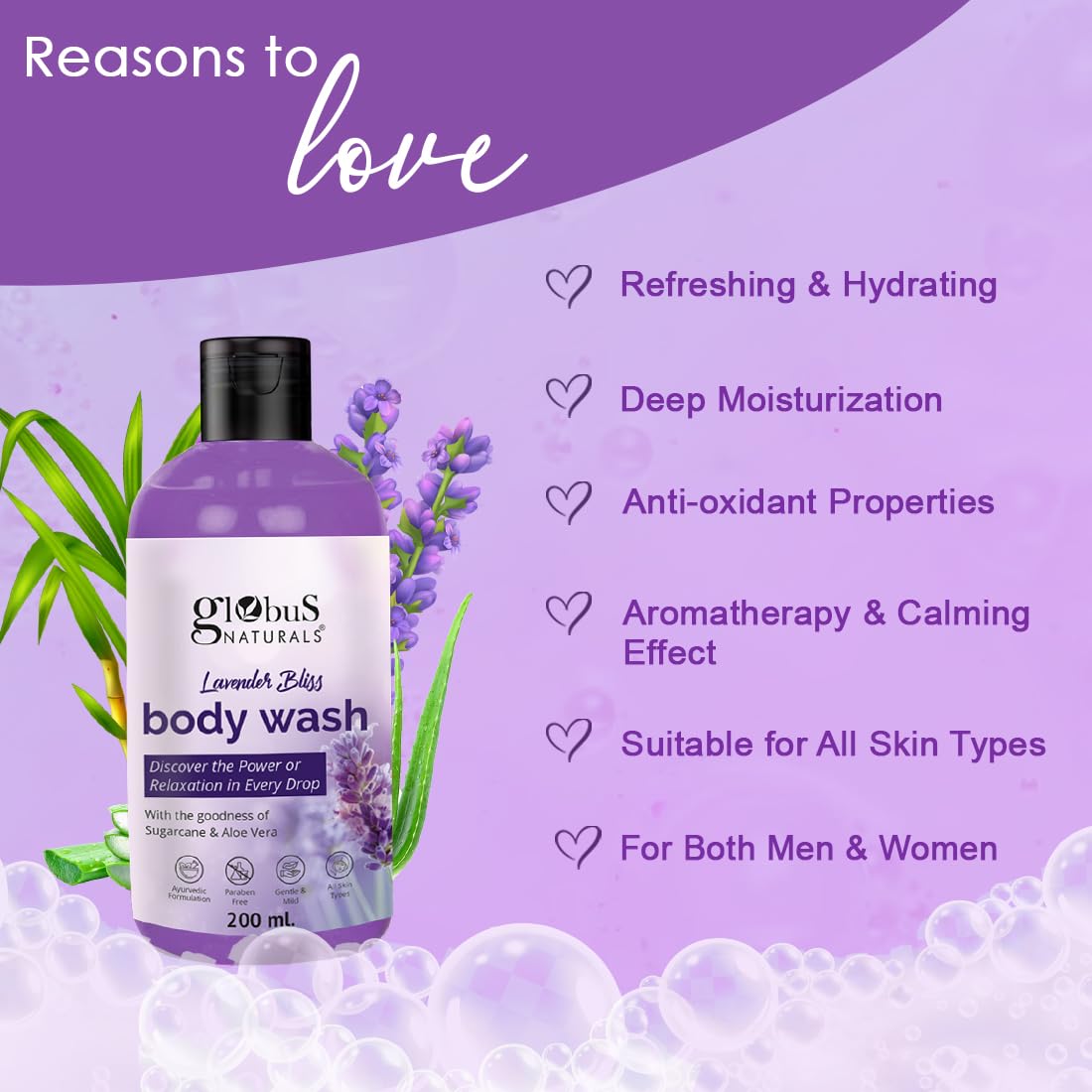 Globus Naturals Lavender Body Wash with Sugarcane & Aloe Vera - Ayurvedic, Paraben-Free, Gentle for All Skin Types - 200ml | Relaxing Bath & Aromatherapy for Stress Relief
