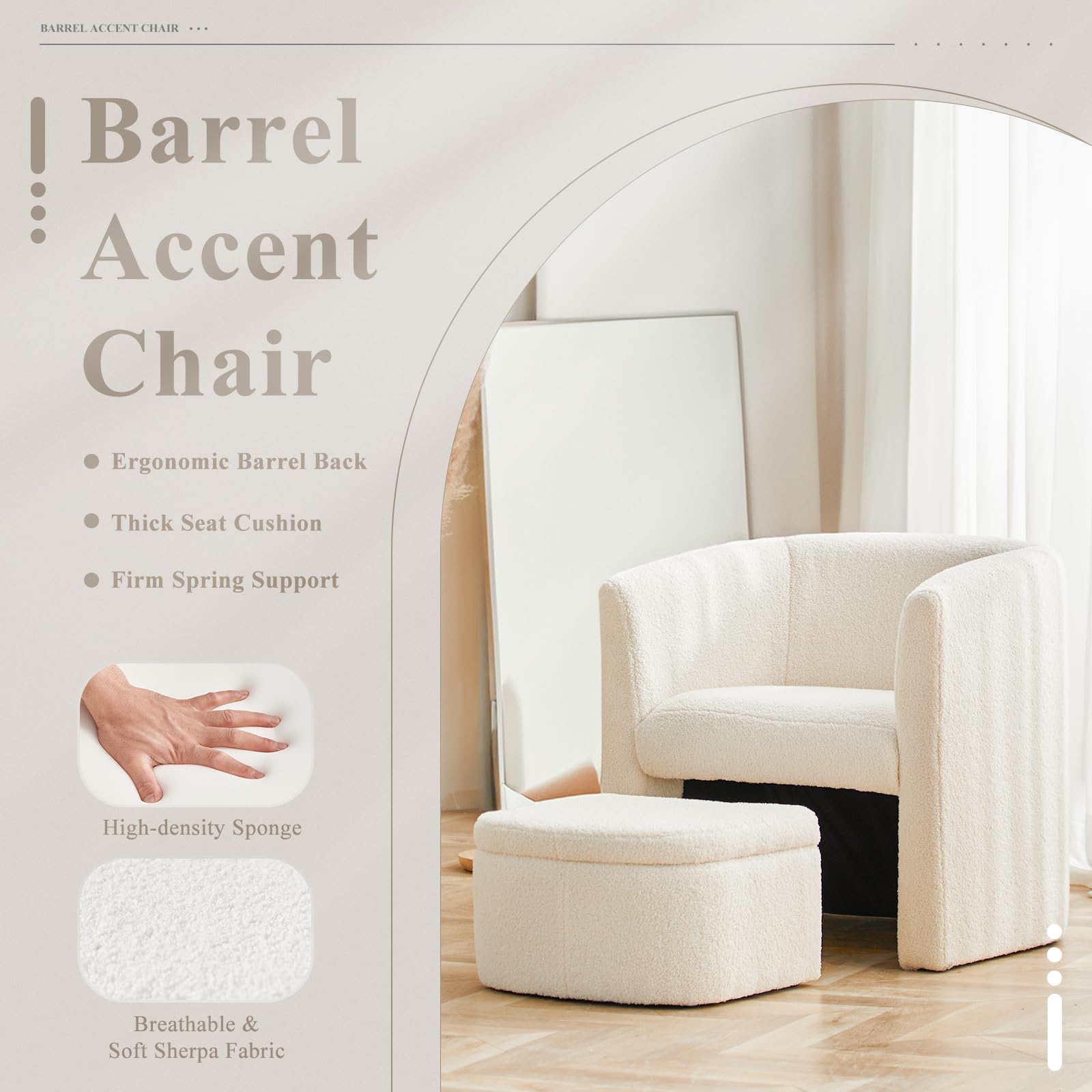 COLAMY Sherpa Barrel Accent Chair with Storage Ottoman - Modern Living Room Armchair, Cozy Lounge Seat for Bedroom, Office & Reading Nook - Cream Upholstered Comfort Chair (Perfect for Small Spaces & Relaxation)