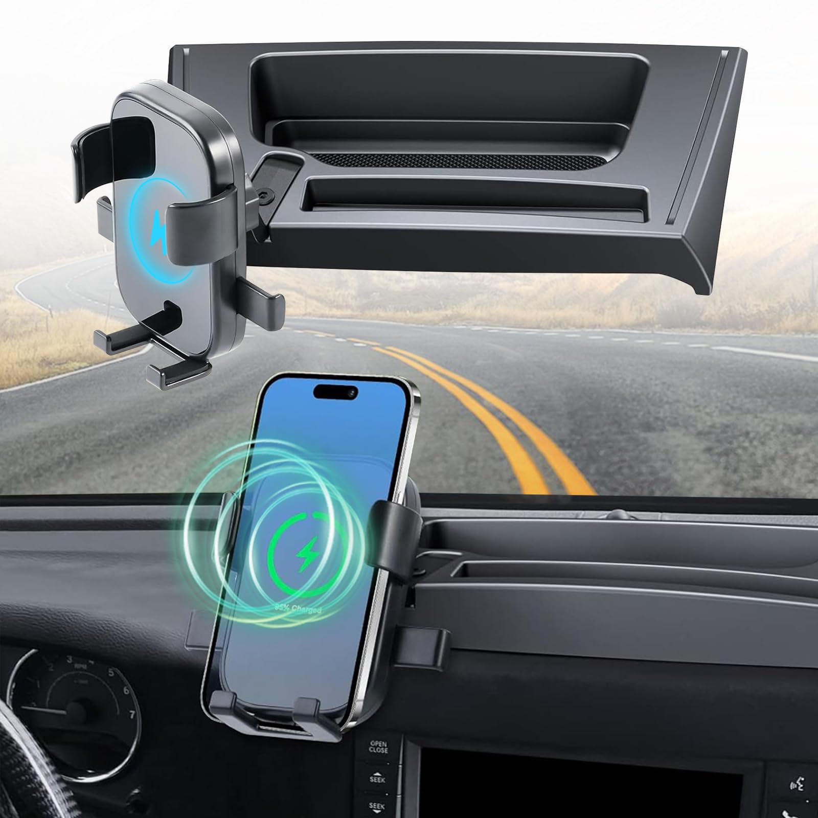 Upgraded Wireless Charging Phone Mount & Dash Storage Box Tray for 2011-2018 Jeep Wrangler JK JKU - Car Accessories with Secure Holder & Organizer - Perfect for Off-Roading, Commuting & Daily Driving