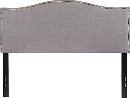 Transitional Style Full Size Headboard with Decorative Nail Trim - Light Gray Fabric Upholstered Bed Frame for Master Bedroom & Guest Room Decor