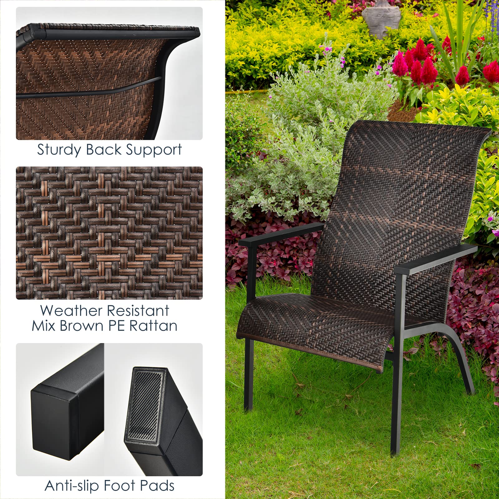 Tangkula 3-Piece Outdoor Bistro Set - PE Wicker Chairs & Coffee Table, Rust-Resistant Steel Frame, High Back Support - Perfect for Patio, Garden, Poolside, Deck or Backyard (Mix Brown) | Outdoor Dining & Relaxation Furniture