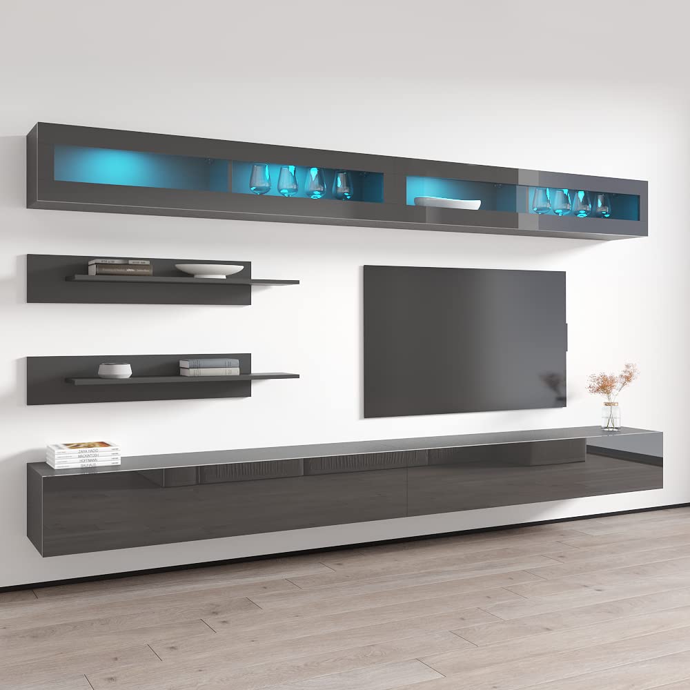Modern Gray Wall-Mounted TV Stand with Storage Shelves & LED Lights - Floating Entertainment Center Console for Bedroom & Living Room - Perfect for Small Spaces & Home Theater Setup - Meble Furniture Fly I2 30TV Stand