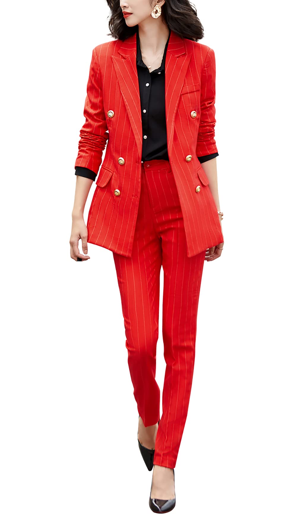 LISUEYNE Women's 2-Piece Striped Suit Set - Long Sleeve Blazer & Business Pants Outfit for Work, Office & Casual Elegant Style | Open Front Jacket for Professional Women & Business Meetings