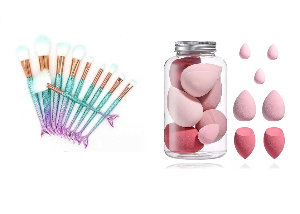 Lusty Soul Professional 10-Piece Mermaid Makeup Brush Set & 7-Piece Cosmetic Blender Sponge Kit - Perfect for Makeup Artists, Beauty Enthusiasts & Travel Makeup Application