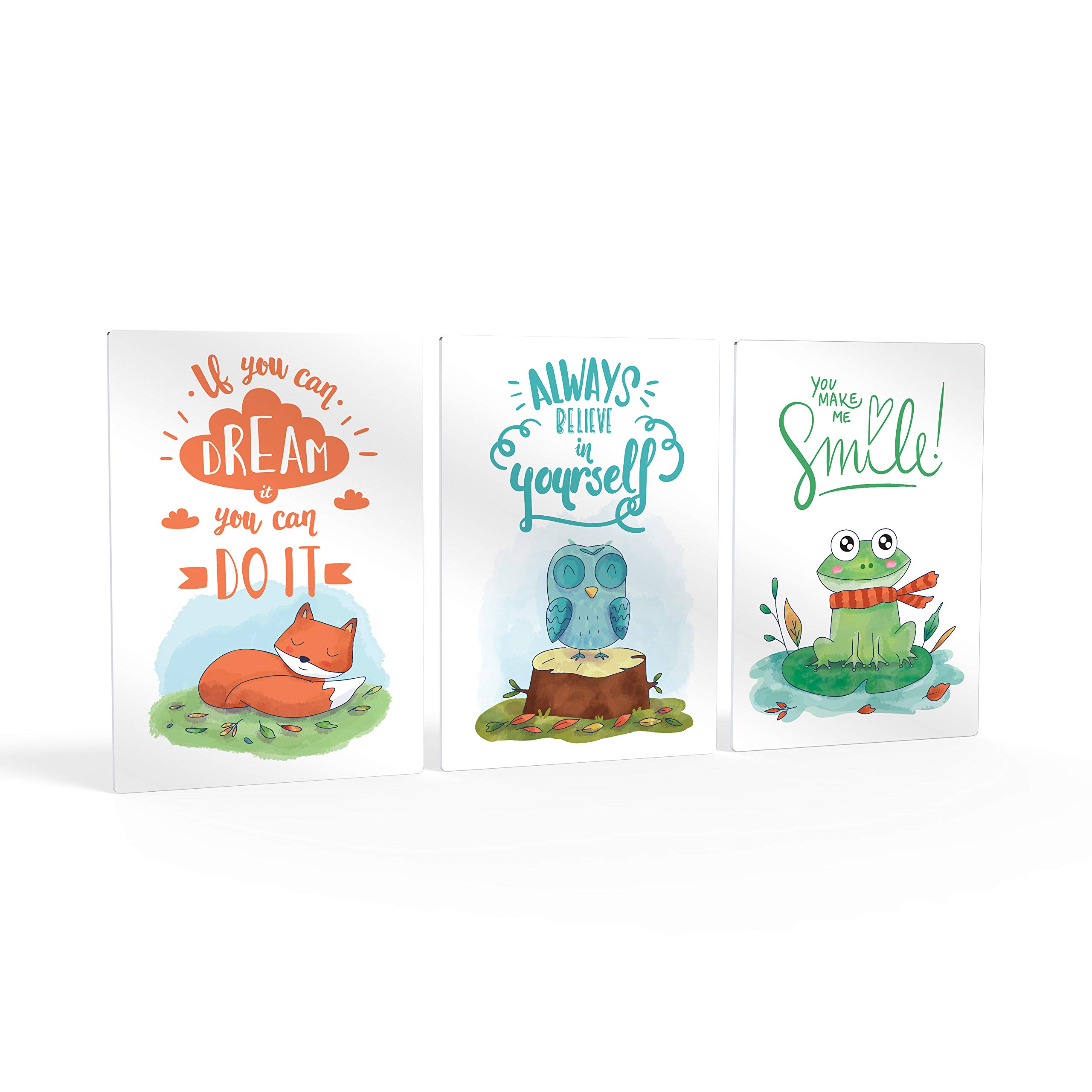 Fox Owl Frog Motivational Wall Art - 3 Panel Metal Print Set for Nursery, Baby Girl & Boy Room, Kids Room Decor - Ready to Hang, 100% Handmade in USA (30x20 Inches x3) - Perfect for Nursery Themes, Birthday Gifts & Playroom Wall Decor