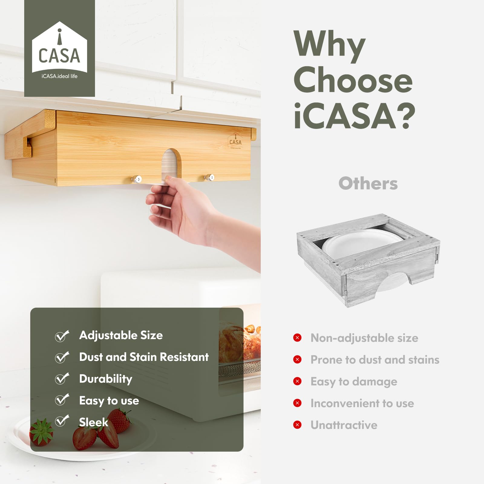 8-11 Inch Adjustable Paper Plate Dispenser | Upgraded Wooden Under Cabinet Plate Holder | Kitchen Organizer for Round Plates | Perfect for Parties, BBQs & Dining Room Storage