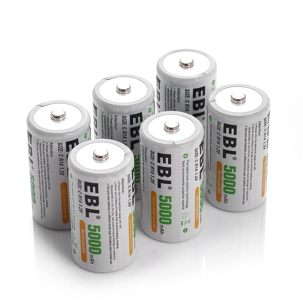 EBL 6 Pack C Cell Rechargeable Batteries 5000mAh High Capacity - 1.2V Ni-MH C Size Batteries with 1500 Cycles & Battery Case - Perfect for Flashlights, Toys, Medical Devices and Emergency Power Supply