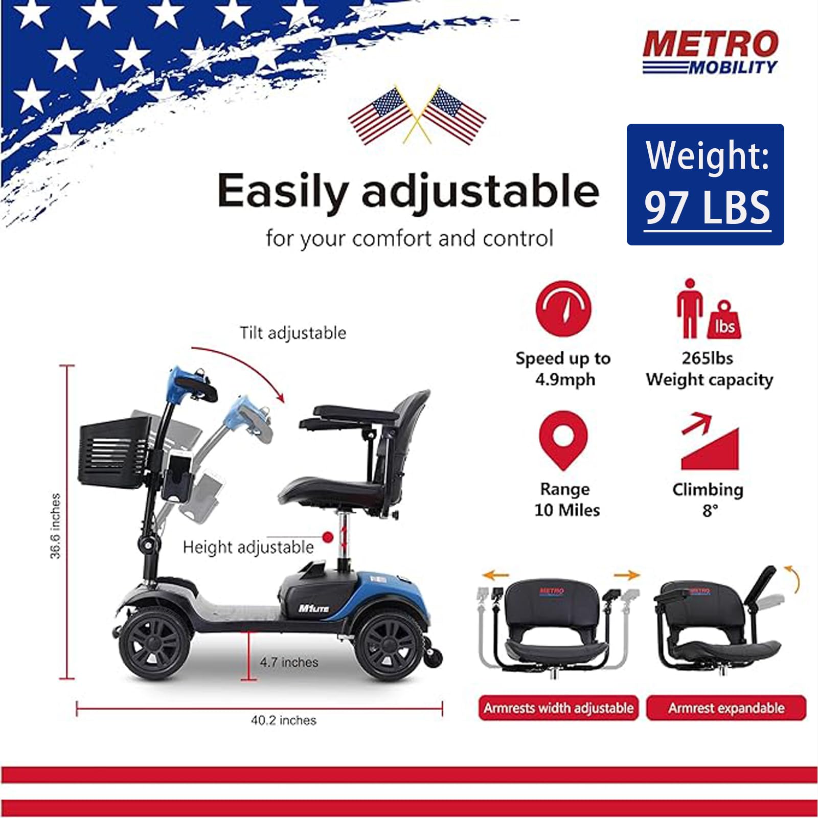 4 Wheel Folding Mobility Scooter for Adults & Seniors - Electric Powered Medical Scooter Wheelchair - Compact Heavy Duty Travel Scooter (Light Blue) - Ideal for Airports, Shopping Malls & Outdoor Activities