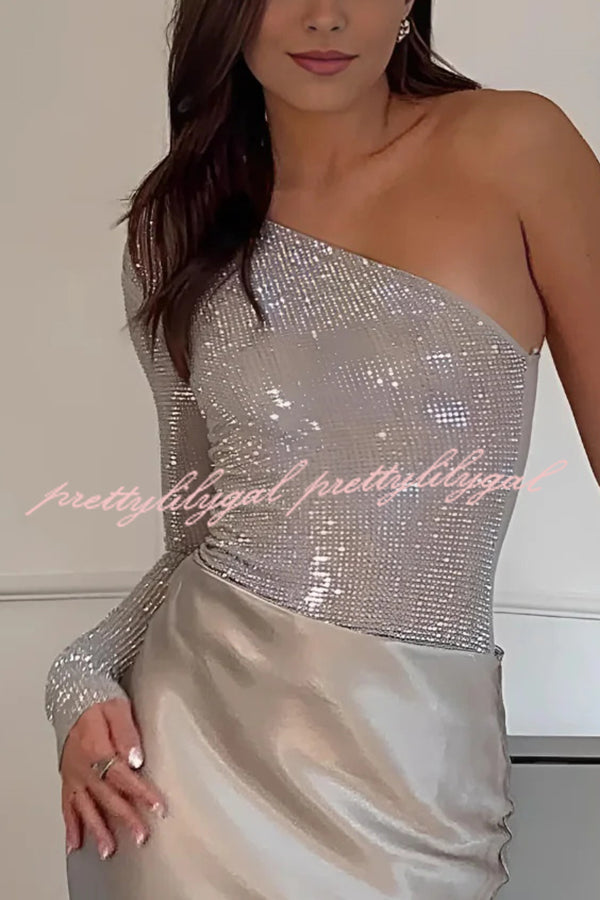 Elegant Solid Color Sequined One Shoulder Slim Fit Romper for Women - Perfect for Parties, Night Out, and Special Occasions