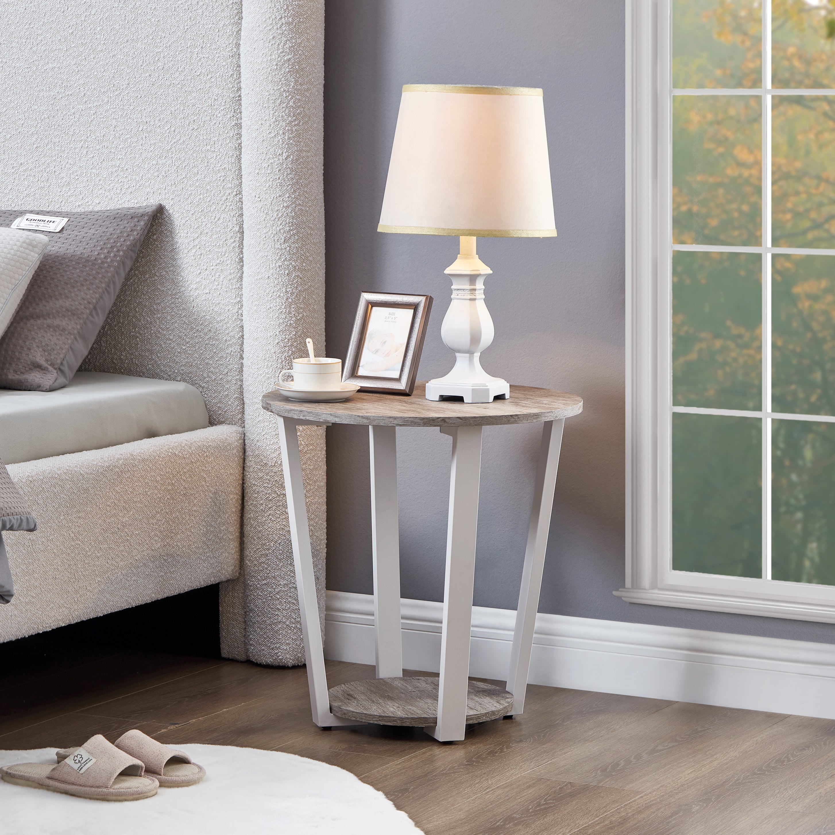Roundhill Furniture Elysian Modern Round End Table with Lower Shelf - Stylish Living Room Side Table for Sofa, Bedroom & Small Spaces