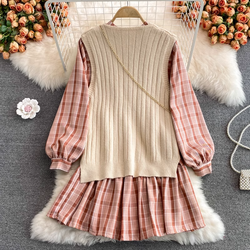 Korean Style Loose Plaid Midi Dress with Bowknot & Knit Sweater Vest 2-Piece Set 1394 | Casual Outfits for Women, Fall Winter Fashion, Date Night & Office Wear